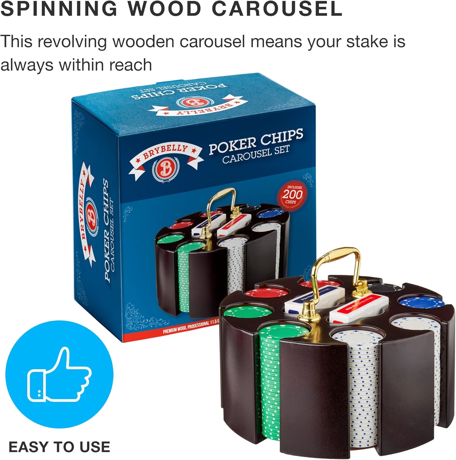 Brybelly Poker Chips - Poker Set with Wood Carousel Case for Casino Party, Texas Holdem, Blackjack and Family Game Night - 200 Count