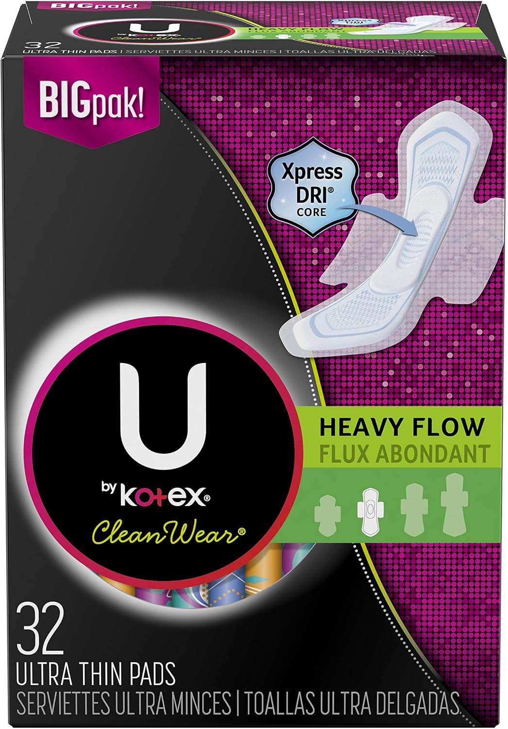 U by Kotex CleanWear Ultra Thin Feminine Pads with Wings, Heavy Flow, Unscented, 32 Count (Pack of 3)