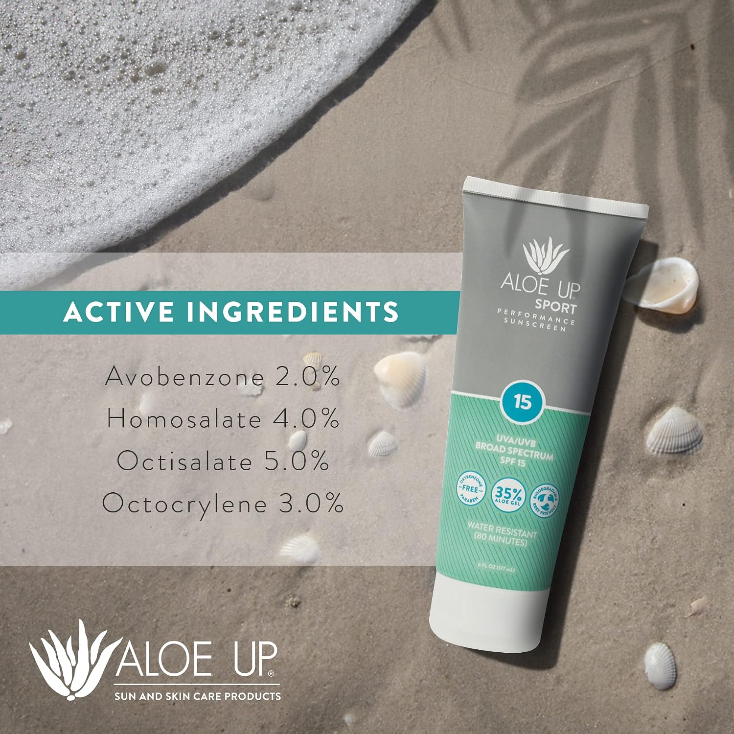 Aloe Up Sport Sunscreen Spray SPF 15, Water Resistant, Non-greasy, 6 oz | Broad-spectrum SPF 15; Water resistant up to 80 min; Non-greasy, With aloe vera gel, fragrance-free