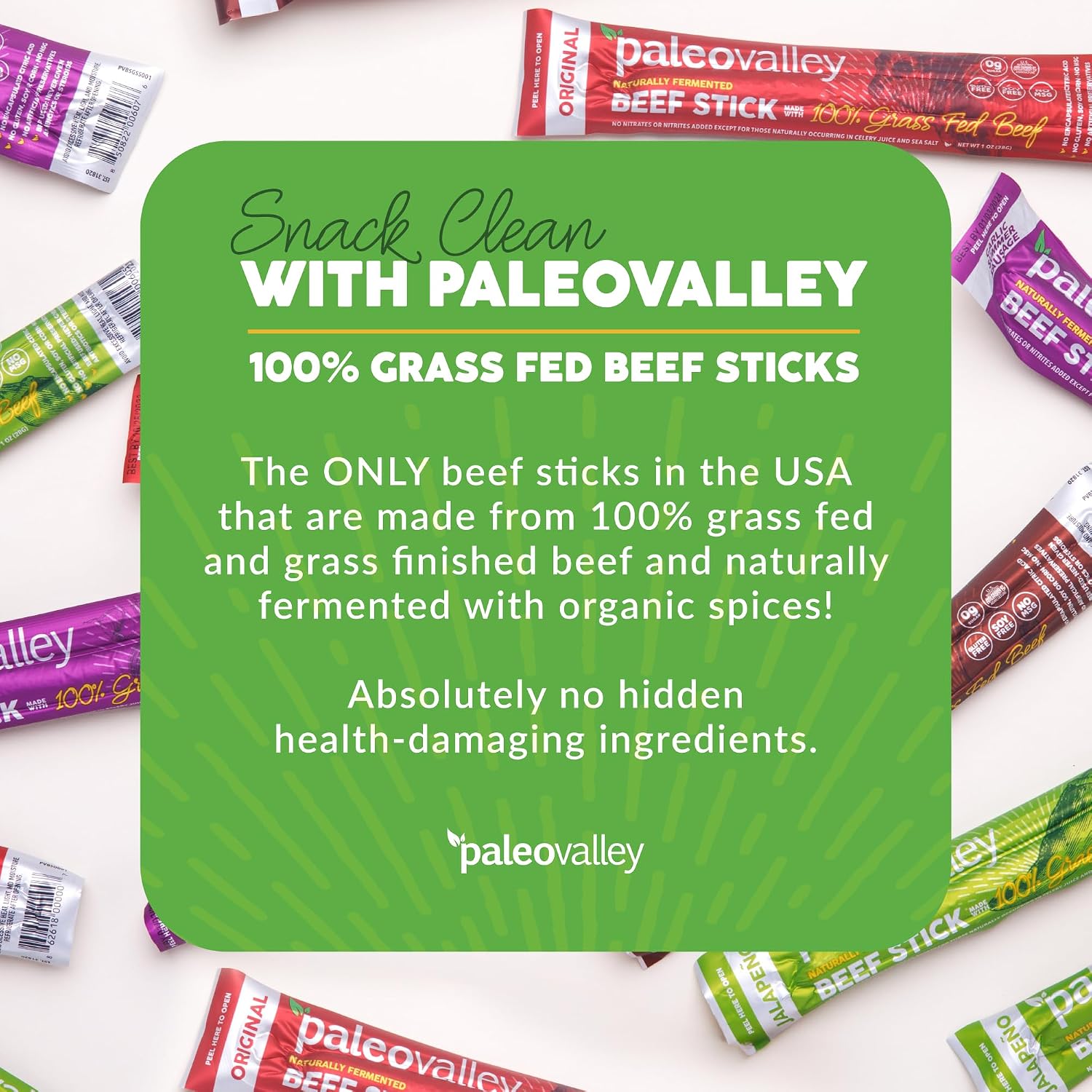 Paleovalley 100% Grass Fed Beef Sticks, Protein Snacks, Original | 10 Count, Individually Wrapped, Naturally Fermented, Gluten Free, Keto and Paleo, Made With Simple Ingredients, 6g Protein