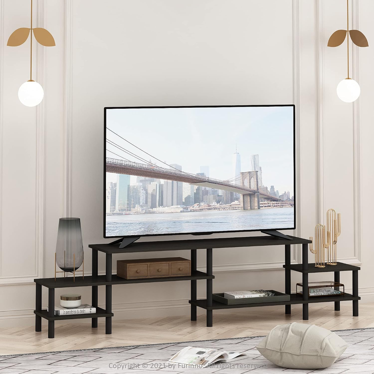 Furinno Nelly TV Stand, 3-Tier Entertainment Center with Open Shelves Storage, TV Console for TV up to 55 Inch, Soft Edges, for Living Room, Bedroom, Black