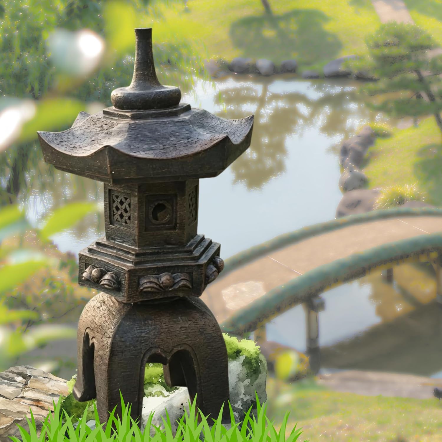 Bellaa Japanese Pagoda Garden Statue - 17” Brown Polyresin Zen Lantern Outdoor Decor