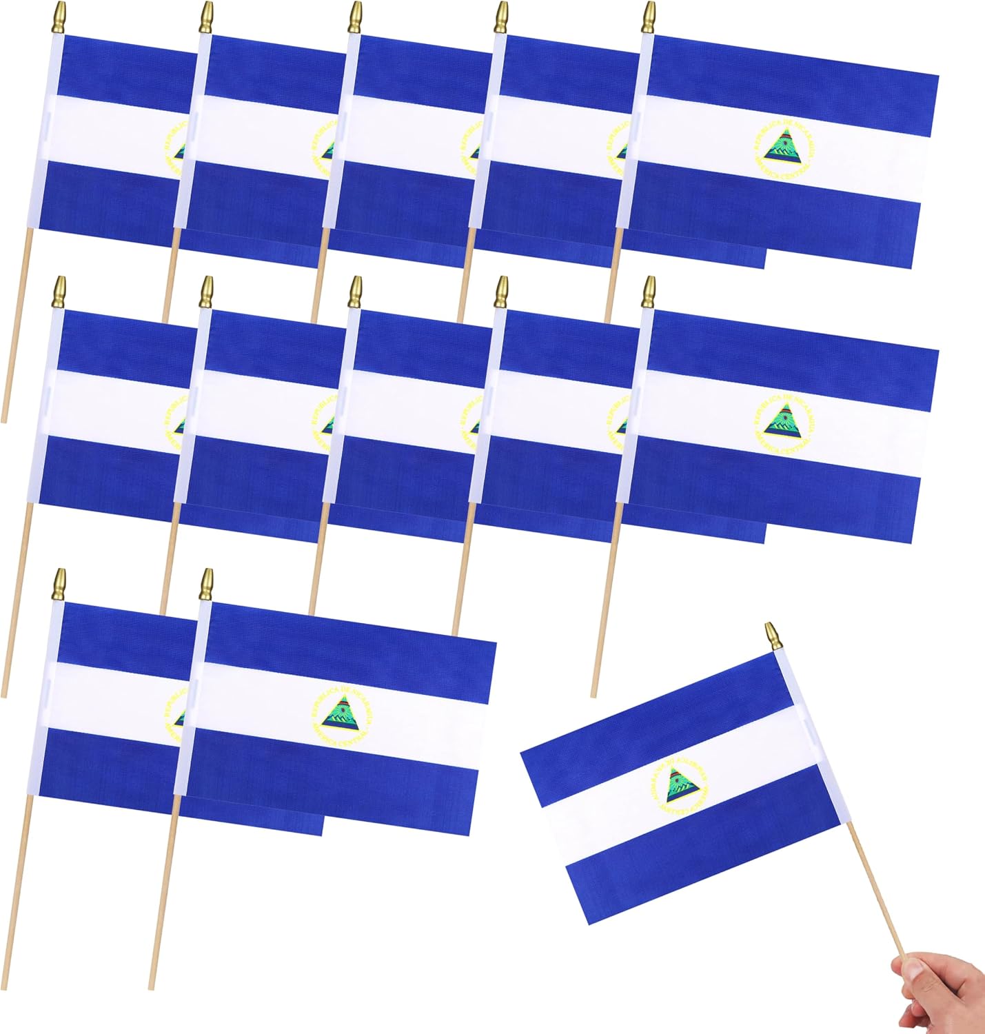 12Pcs Small Nicaragua Flags on Wooden Stick Mini Nicaraguans Flag Hand Held Flag Decorations,5x8 Inch