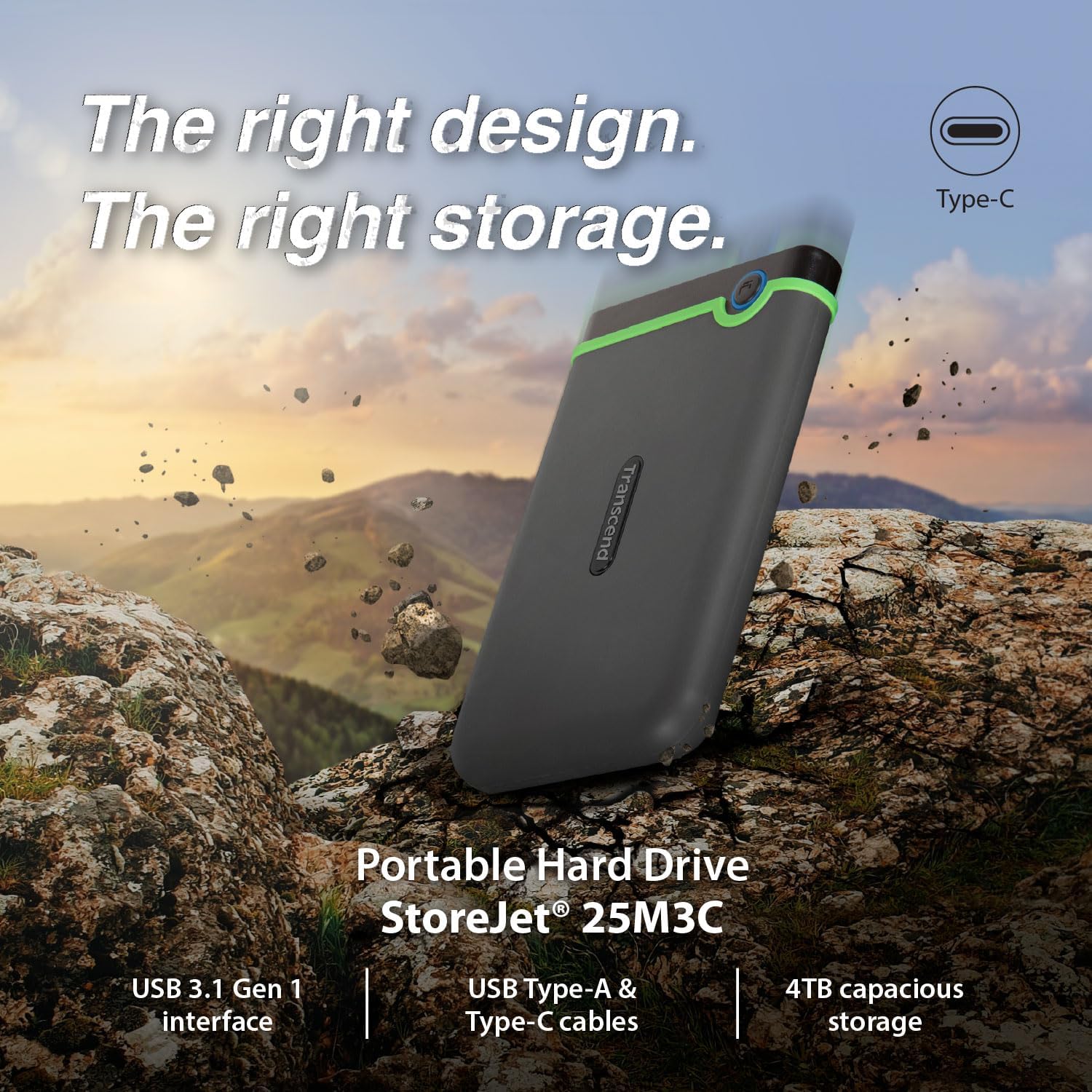 Transcend 4TB StoreJet 25M3 Rugged Portable HDD, One Touch Backup