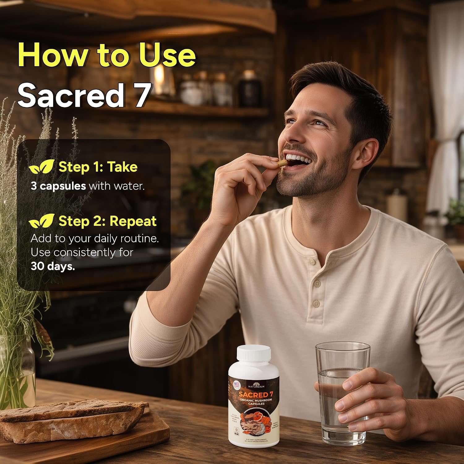 Sacred 7 Brain Mushroom Powder, Organic 7-in-1 Blend 226 Servings | Seven fruiting body extracts, lions mane cordyceps reishi, stirs into coffee or smoothies, 1000 mg scoop