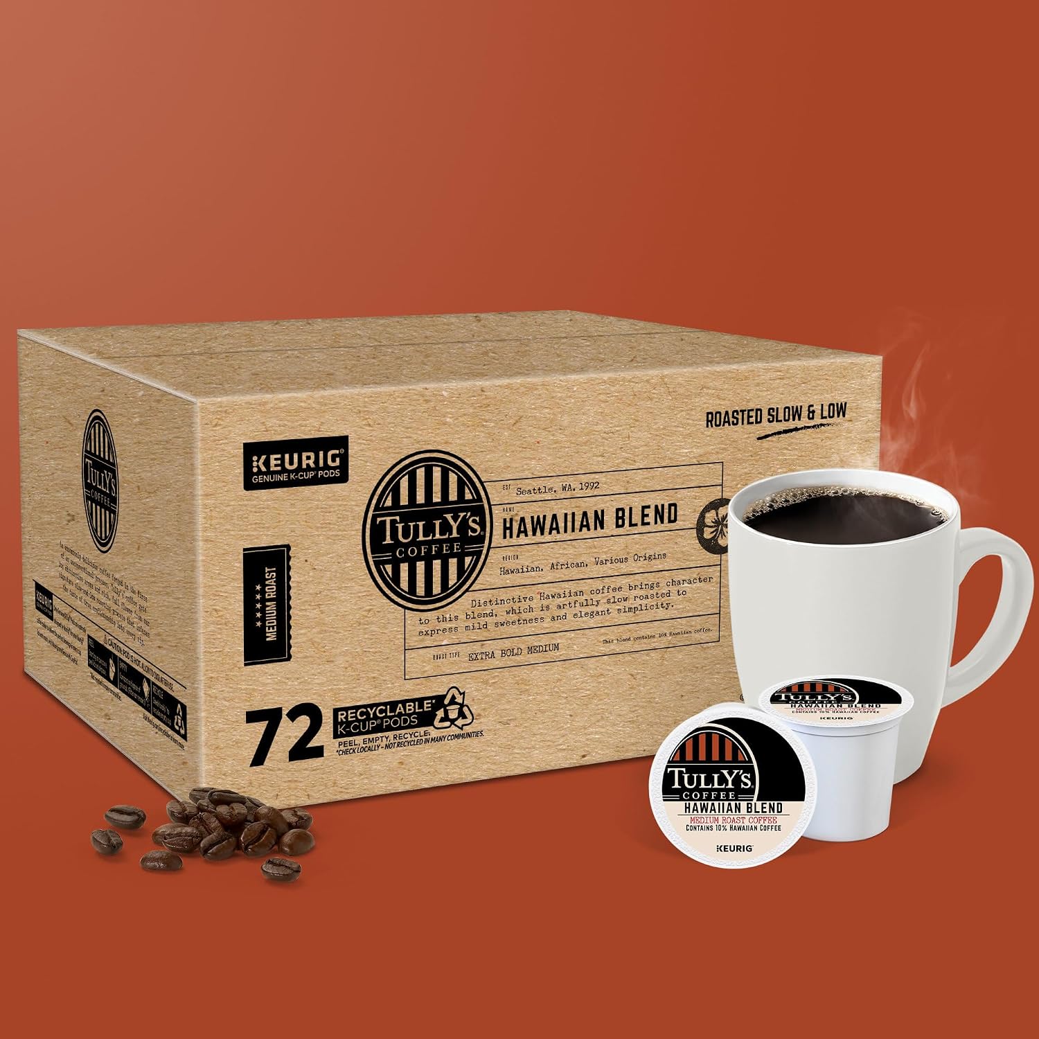 Tully's Coffee Hawaiian Blend Keurig Single-Serve K-Cup Pods, Medium Roast Coffee, 96 Count
