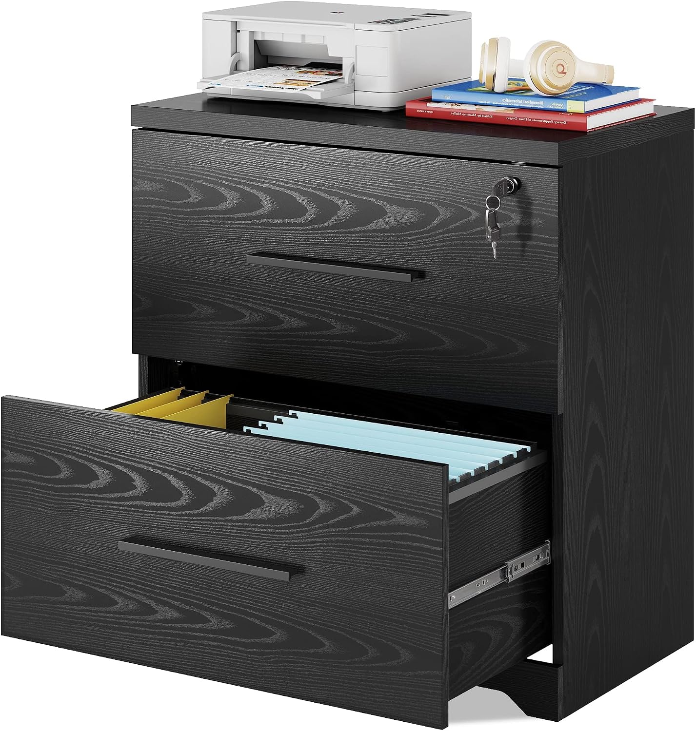 DEVAISE Lateral File Cabinet with Lock, 2 Drawer Filing Cabinet, Black