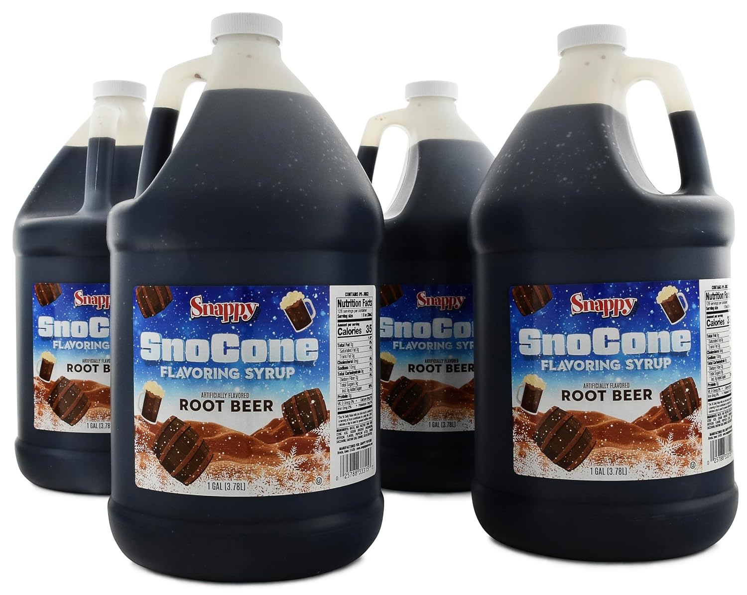Snappy Root Beer Sno Cone Syrup, 1 Gallon 4 Pack, Ready to Use for Snow Cone Machines and Shaved Ice