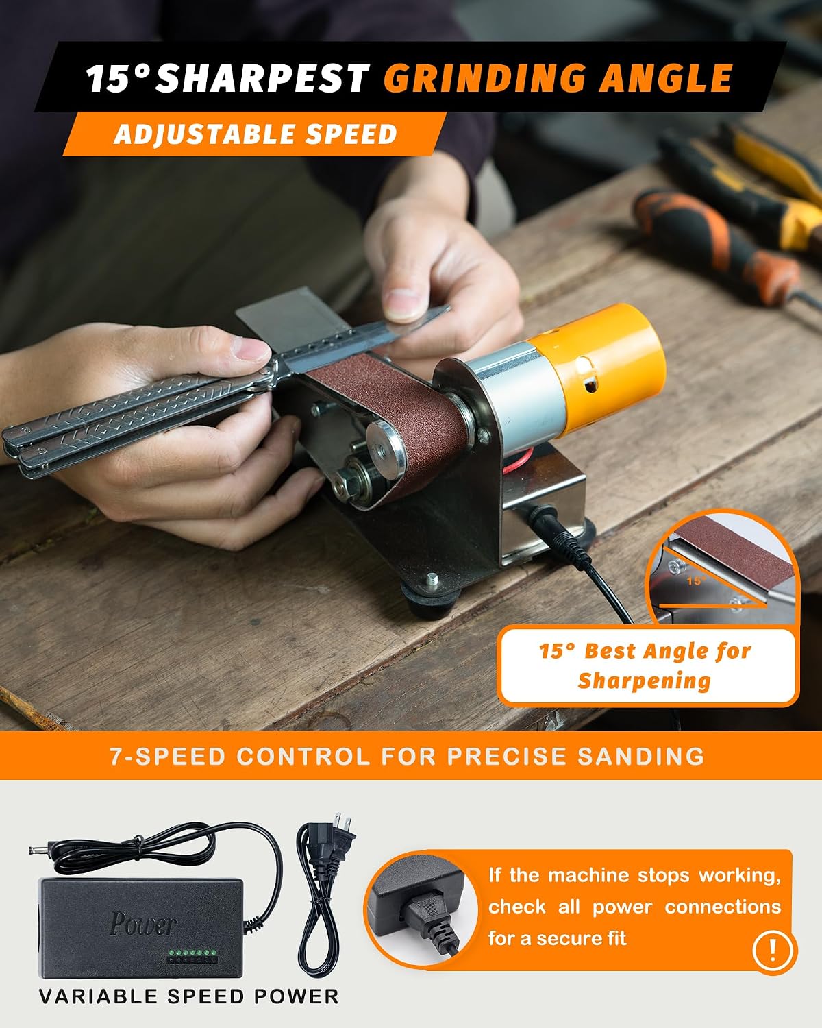 Mini Belt Sander, Electric Small Sander Knife Sharpener, 5"x6.8"x5.5" | Compact Design, Multi-Purpose, Electric Powered, Knife Sharpening, Portable Sander