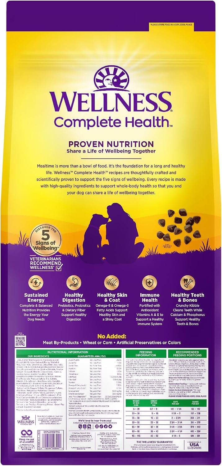 Wellness Complete Health Adult Dry Dog Food, Wholesome Grain Kibble, Natural, Chicken and Oatmeal Recipe, 5 lb Bag
