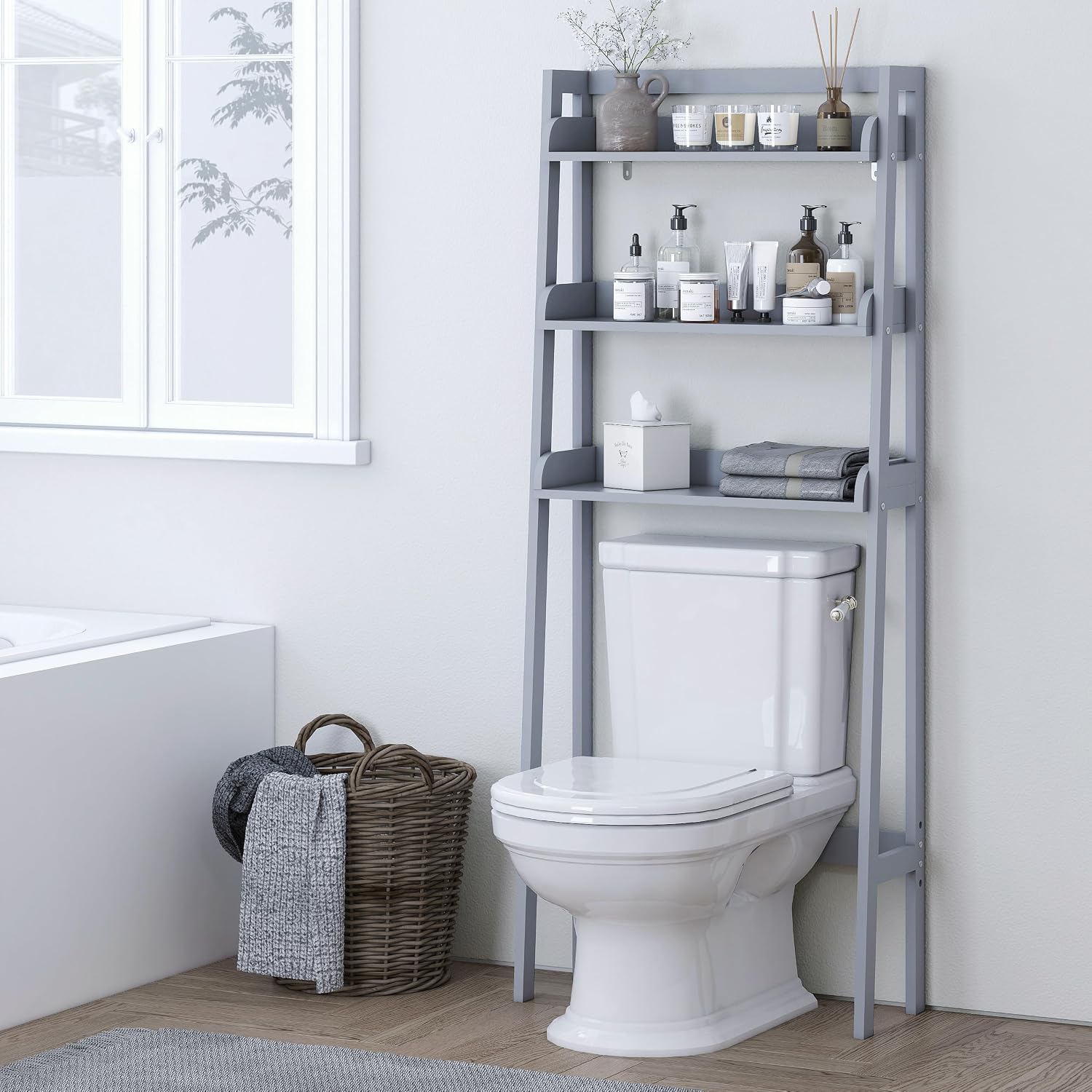 UTEX Over The Toilet Storage Shelf, 3-Tier Bathroom Organizer, White | FSC-Certified MDF, Open Ladder Design, Adjustable Lower Crossbar, Anti-tip Hardware, 33-Inch Clearance, Raised Side Guards