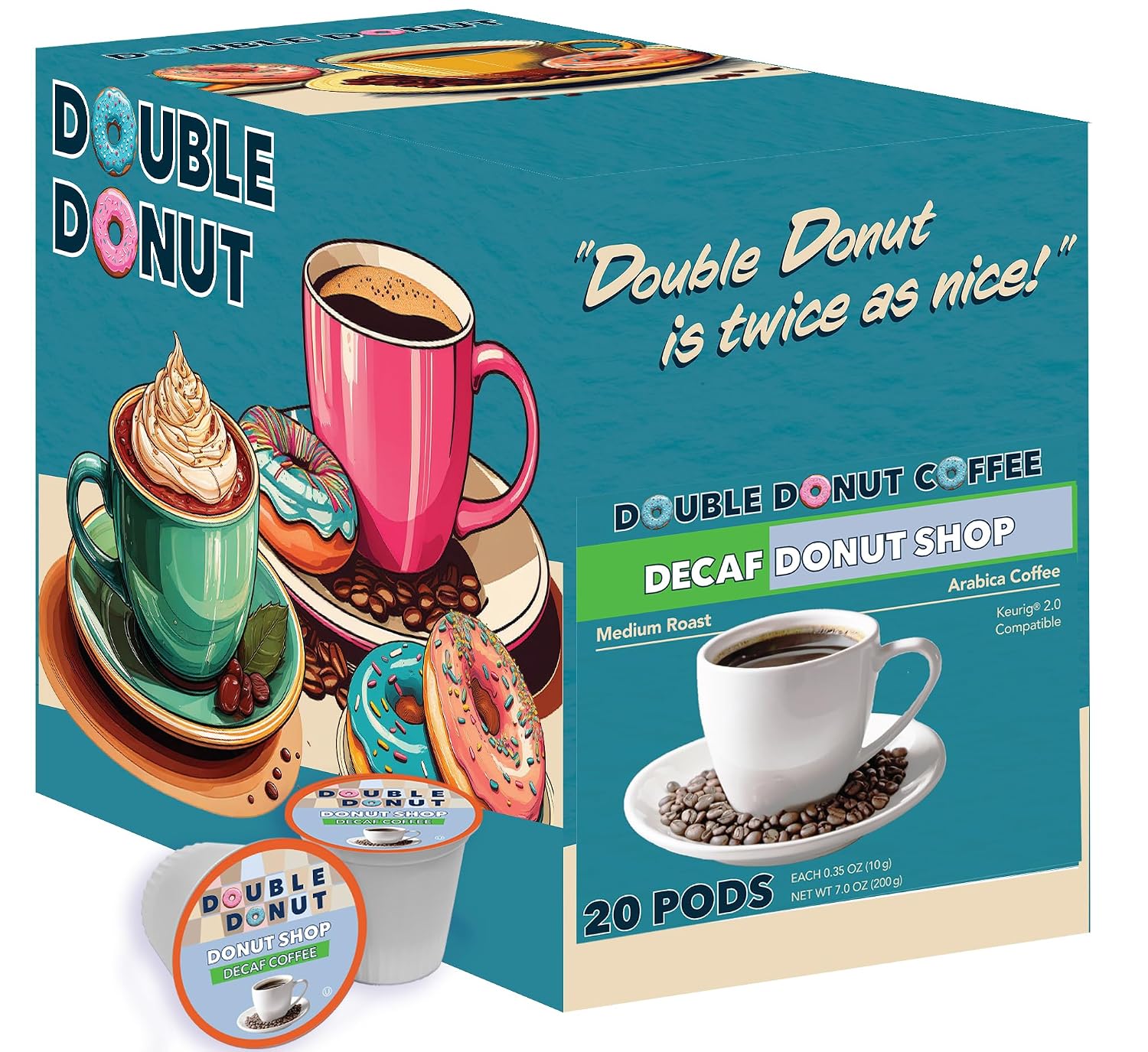 Double Donut Coffee Double Donut Medium Roast Decaf Coffee Pods, Classic, for Keurig K-Cup Machines, 24 Single-Serve Capsules per Box