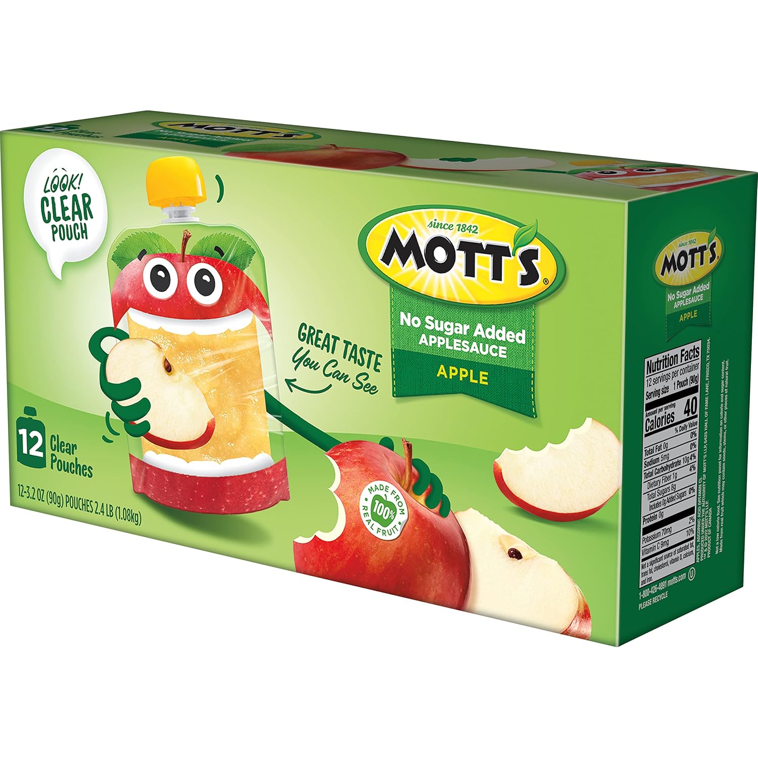 Mott's No Sugar Added Applesauce, 3.2 Oz Clear Pouches, 48 Count (4 Packs Of 12), Good Source Of Vitamin C, No Artificial Flavors