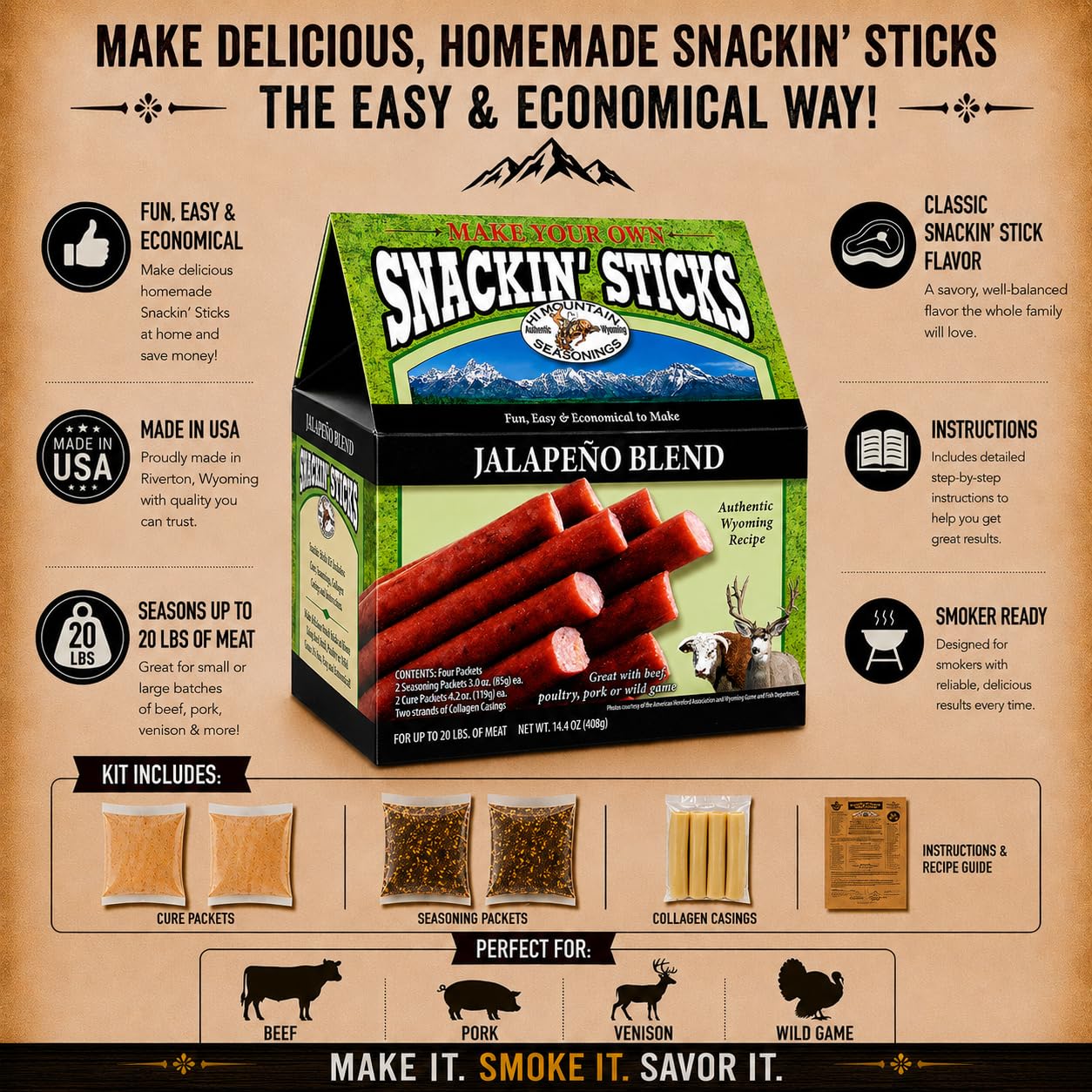 Hi Mountain Snack Stick Seasoning Kit | ORIGINAL | Makes 20 lbs | Complete Snack Stick Kit, Seasoning, Cure, Casings, & Directions Included, For Beef, Deer, Elk, Venison & Wild Game Meat