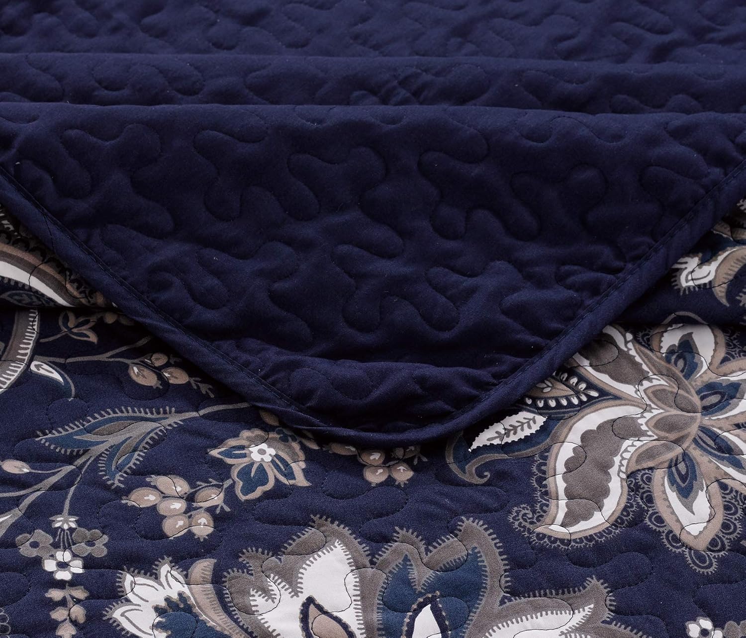 Luxury Home Collection 3 Piece Full/Queen Quilted Reversible Coverlet Bedspread Set Floral Printed Navy Blue White Gray
