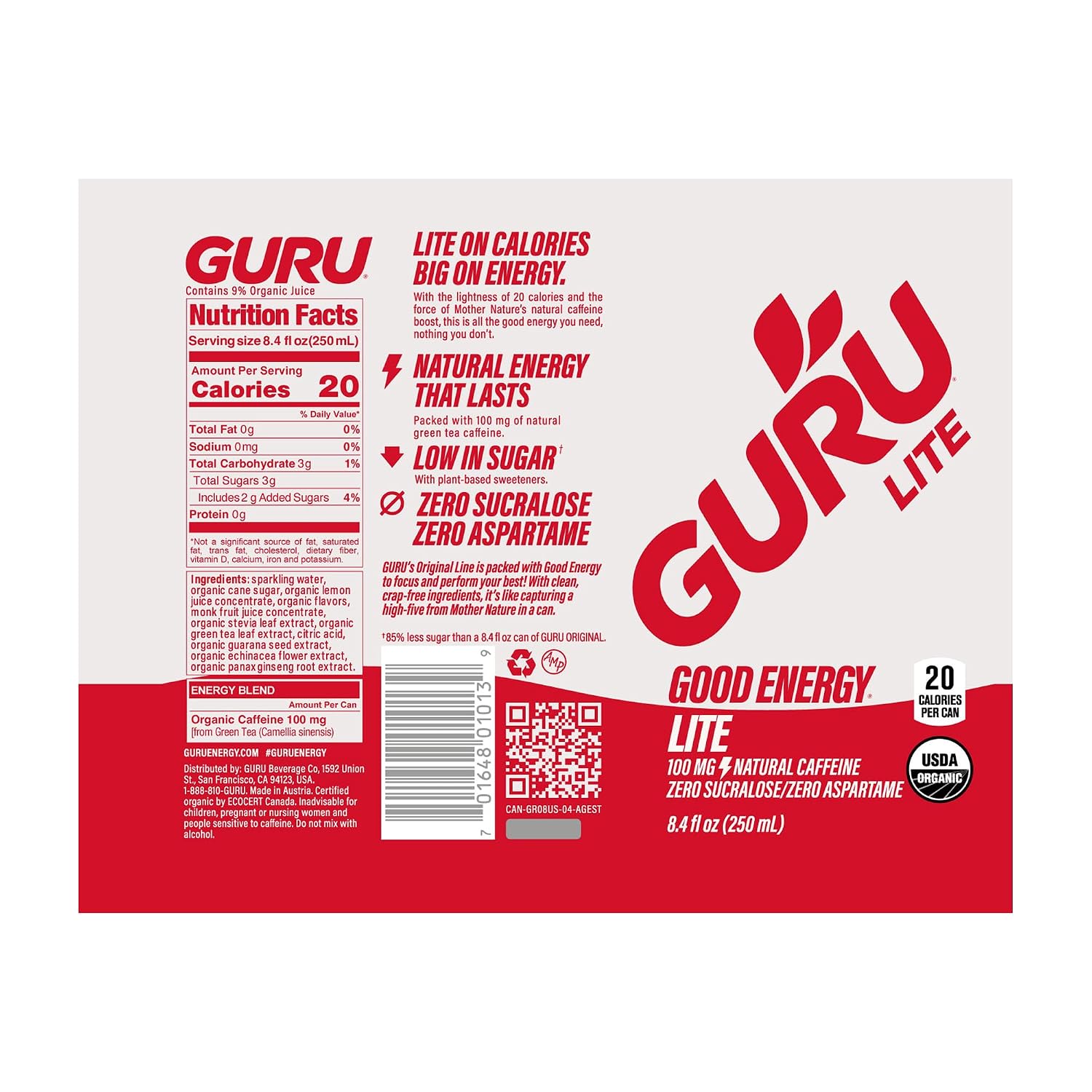 GURU Organic Energy Drink, Lite, Natural Caffeine, 8.4 Fl Oz, 24 Pack | 100 MG Natural Caffeine for Workouts, Performance & Midday Boost