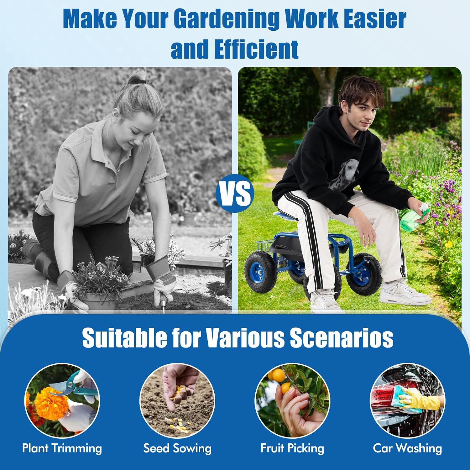 Goplus Rolling Garden Cart with Seat, Outdoor Garden Stool with Wheels, Tool Tray & Basket, Adjustable Steering Handle