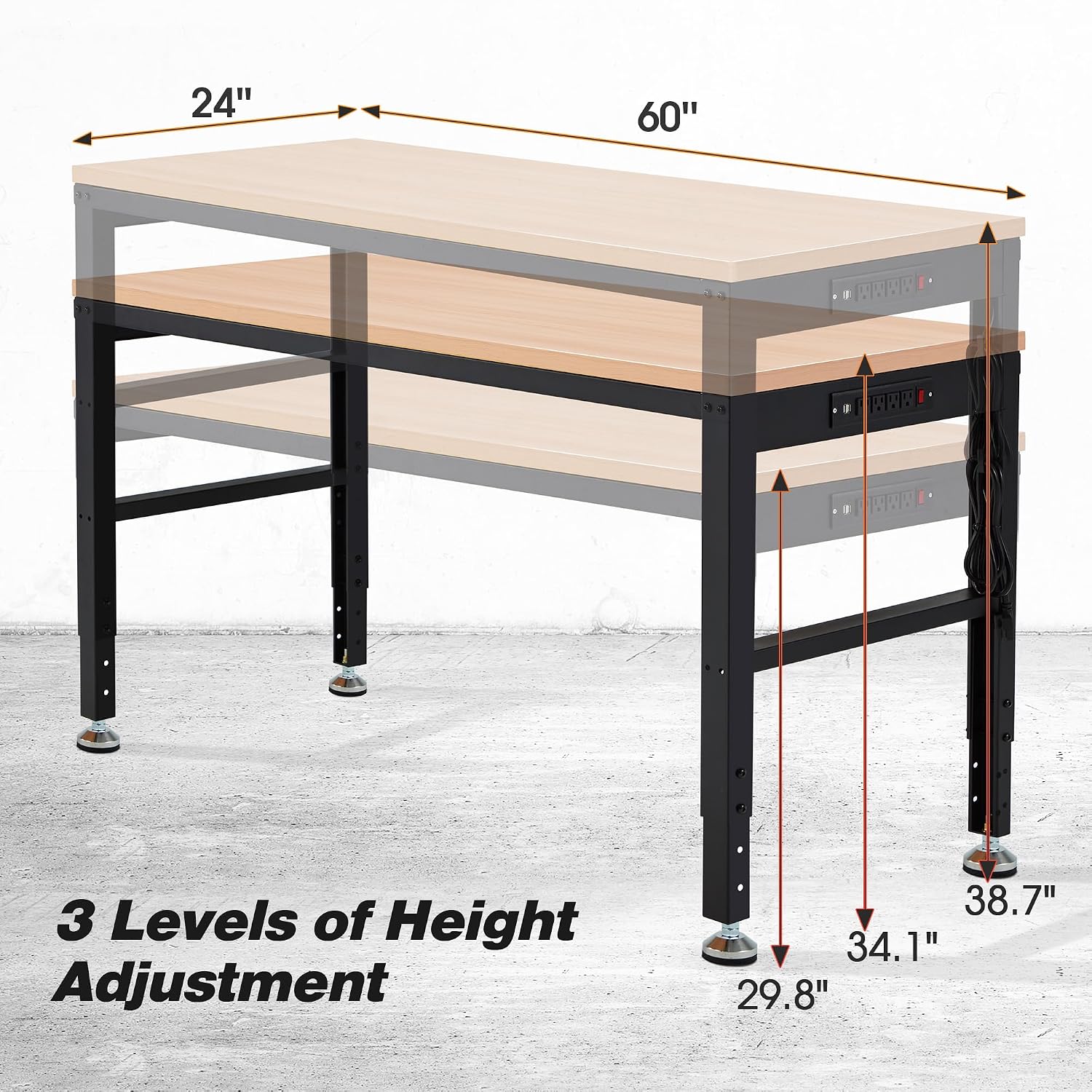 Antifir 60" Adjustable Workbench, Heavy Duty Wood Workstation | Garage Workbench, 2000 LBS Load Capacity, Work Table with Power Outlet and Foot Pads for Commercial, Workshop, Office, Home