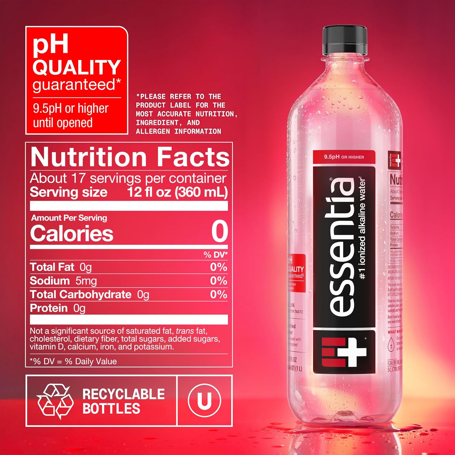 Essentia Water LLC, Ionized Alkaline Bottled Water; 99.9% Pure, Infused with Electrolytes, 9.5 pH or Higher a Clean, Smooth Taste, 20 Fl Oz (Pack of 24)