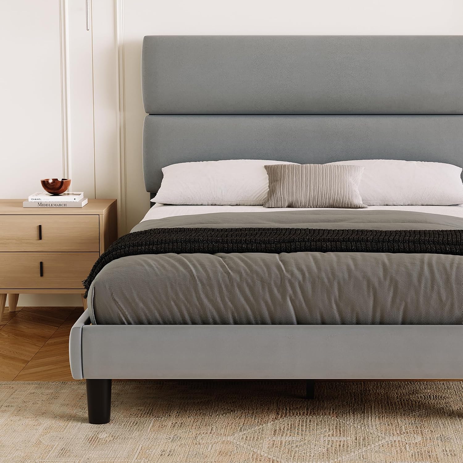 GRUSIGN Queen Size Platform Bed Frame with Velvet Headboard, Adjustable Height Wooden Slats Support, Upholstered Mattress Foundation, Fits Mattress or Mattress with Box Spring, Easy Assembly, Beige
