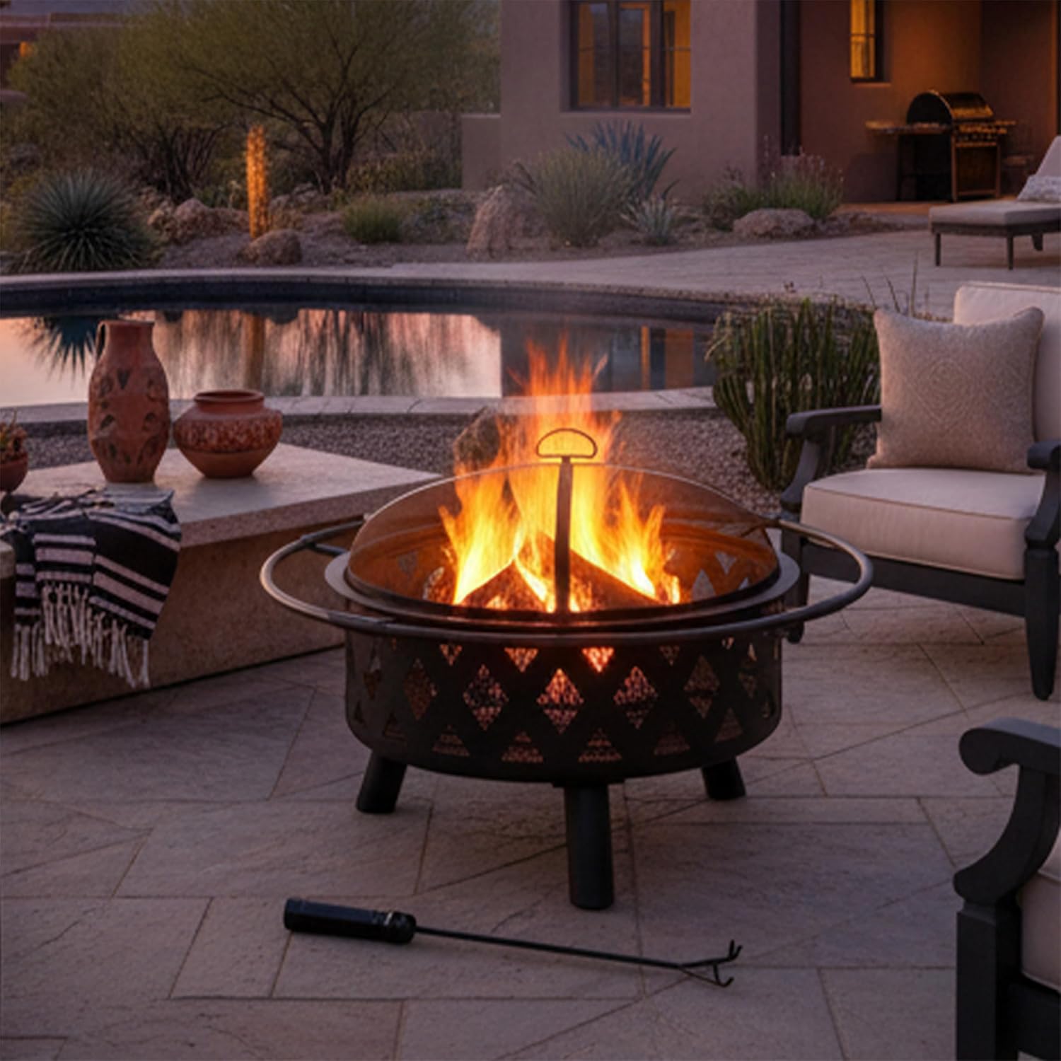 Sunnydaze Crossweave Large Outdoor Fire Pit, Wood Burning, Round, 36" | Black, Heavy Duty Steel Metal, Patio Fire Pit with Spark Screen, Poker, & Cover, Wood Firepit for Outside, Backyard, or Deck