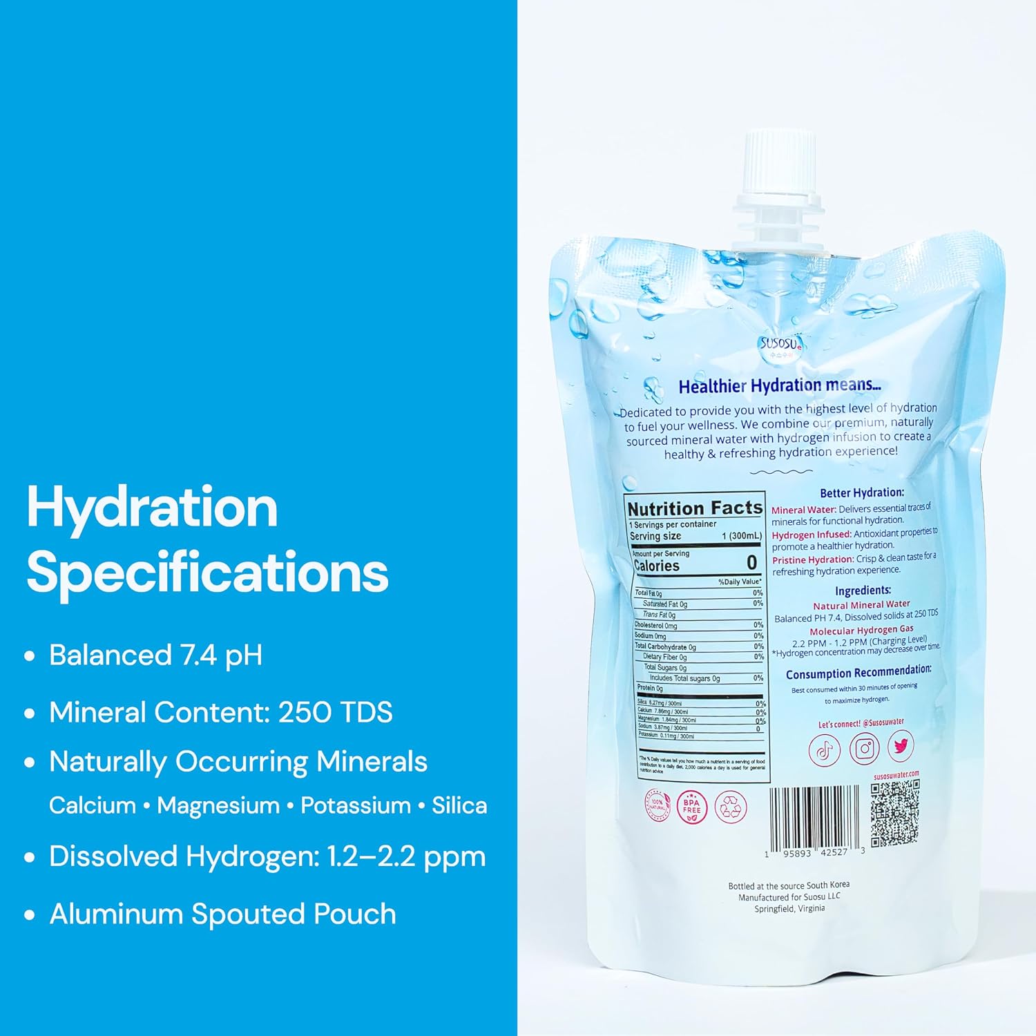 Susosu Hydrogen Water, Korean Mineral Water, 20 Pouches Ready to Drink, 10.5 Fl Oz