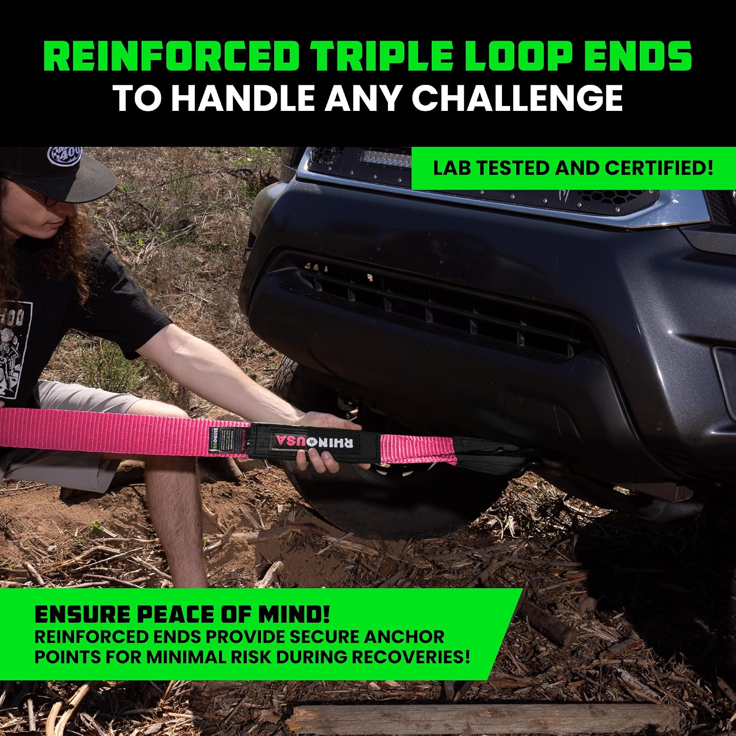 Rhino USA Recovery Tow Strap (3in x 30ft) - 31,518lb Heavy Duty Towing | 31,518lb Break Strength Emergency Tow Strap, Extended 30ft Length. For Truck, UTV, ATV & Jeep Offroad Recovery. Black