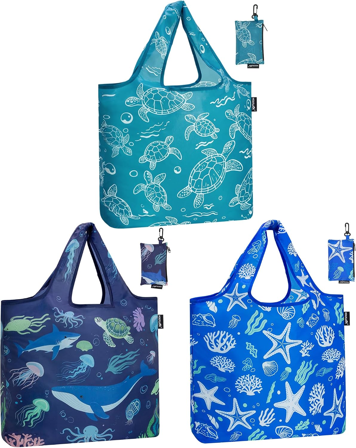 HOLYLUCK Reusable Grocery Bags,Heavy Duty Foldable Shopping Tote Bag (Standard, 3 Blue Geometric Flowers)