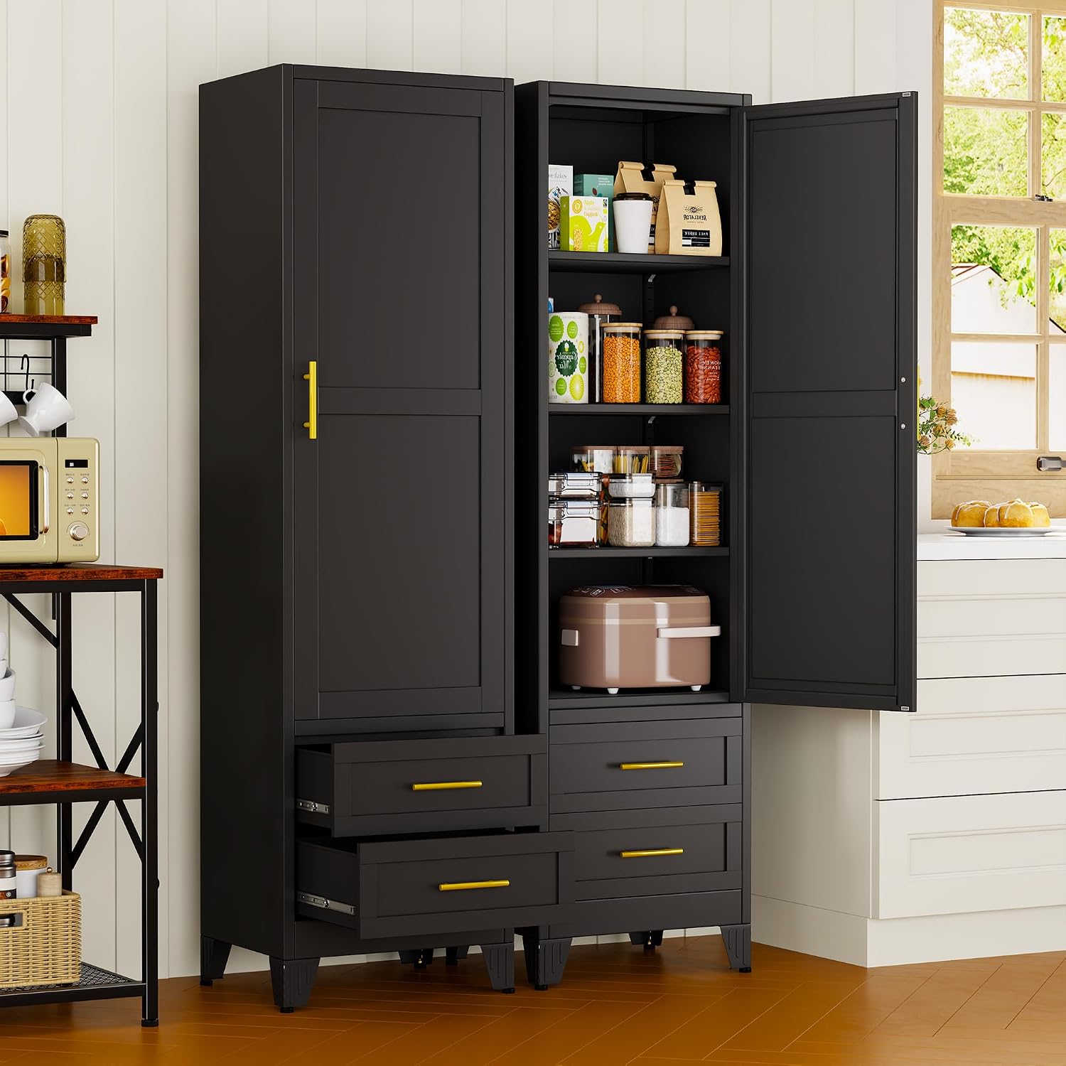 pozdeg 67" Tall Narrow White Metal Storage Cabinet | 2 Doors, 4 Adjustable Shelves, Freestanding Slim Pantry Organizer for Bathroom Kitchen Living Room