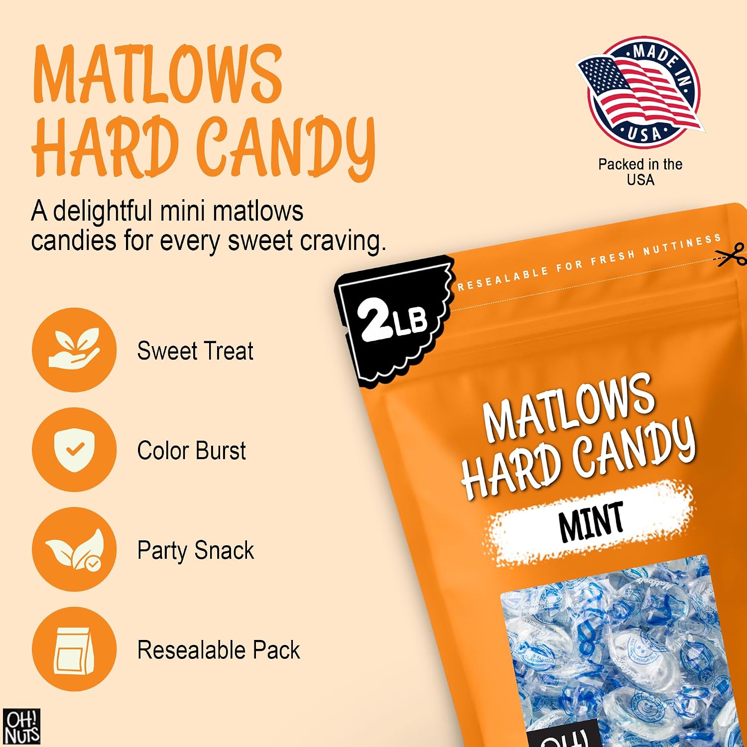 Oh! Nuts Hard Candy Mints Bulk, Individually Wrapped Mint Candy 2 LB | Hard Candy Individually Wrapped - Bulk Candy Individually Wrapped, Crystal Candy Mints, Kosher Certified, 2 LB Bag