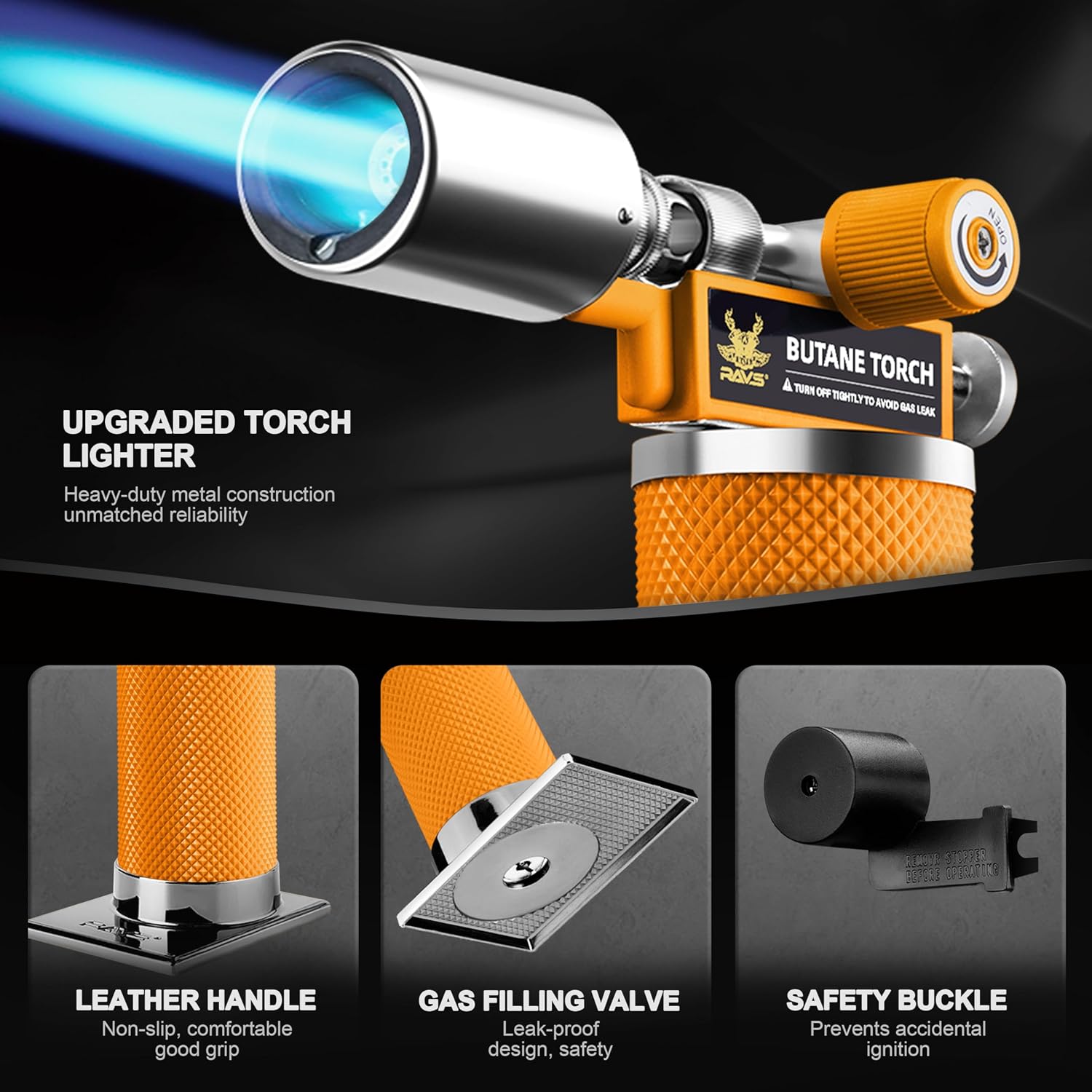 RAVS Butane Torch Lighter, Premium Metal Kitchen Torch with Adjustable Flame & Safety Buckle, Refillable Creme Brulee Torch for Baking, BBQ, DIY