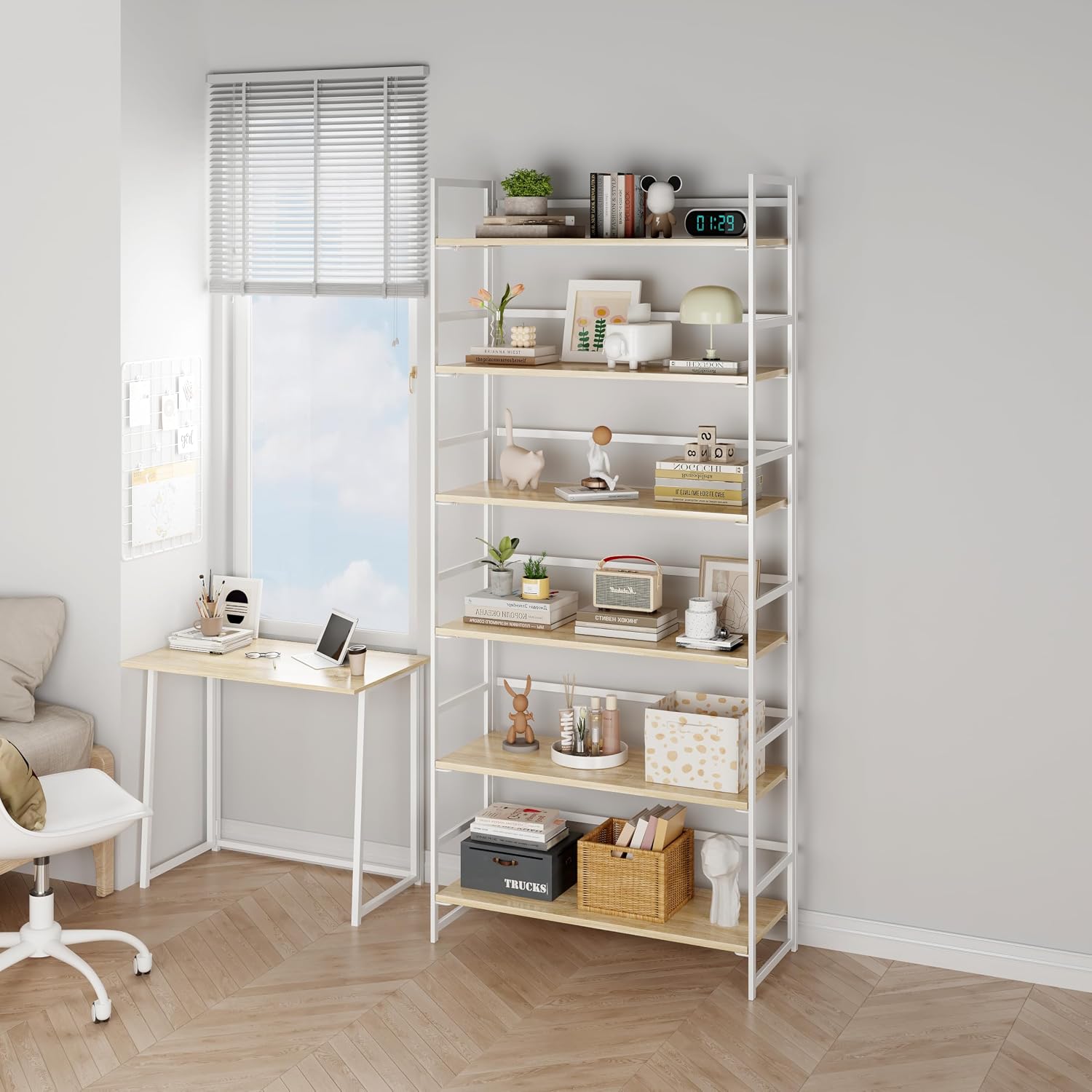 Vintage Multifunctional Folding Bookshelf, No-Assembly Plant Stand Storage Rack Shelves for Home Office (Fire, 5-Tier)