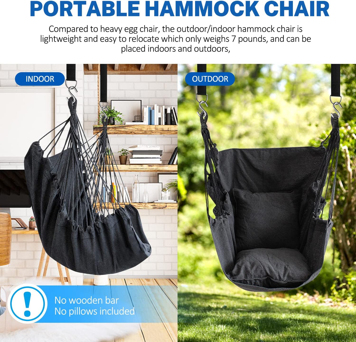 KPX Ourdoor Hanging Hammock Chair – Comfortable Tree Swing Chair Large Size 110X130cm（Without Pillows） - 330 Lbs Weight Capacity (Dark Gray)