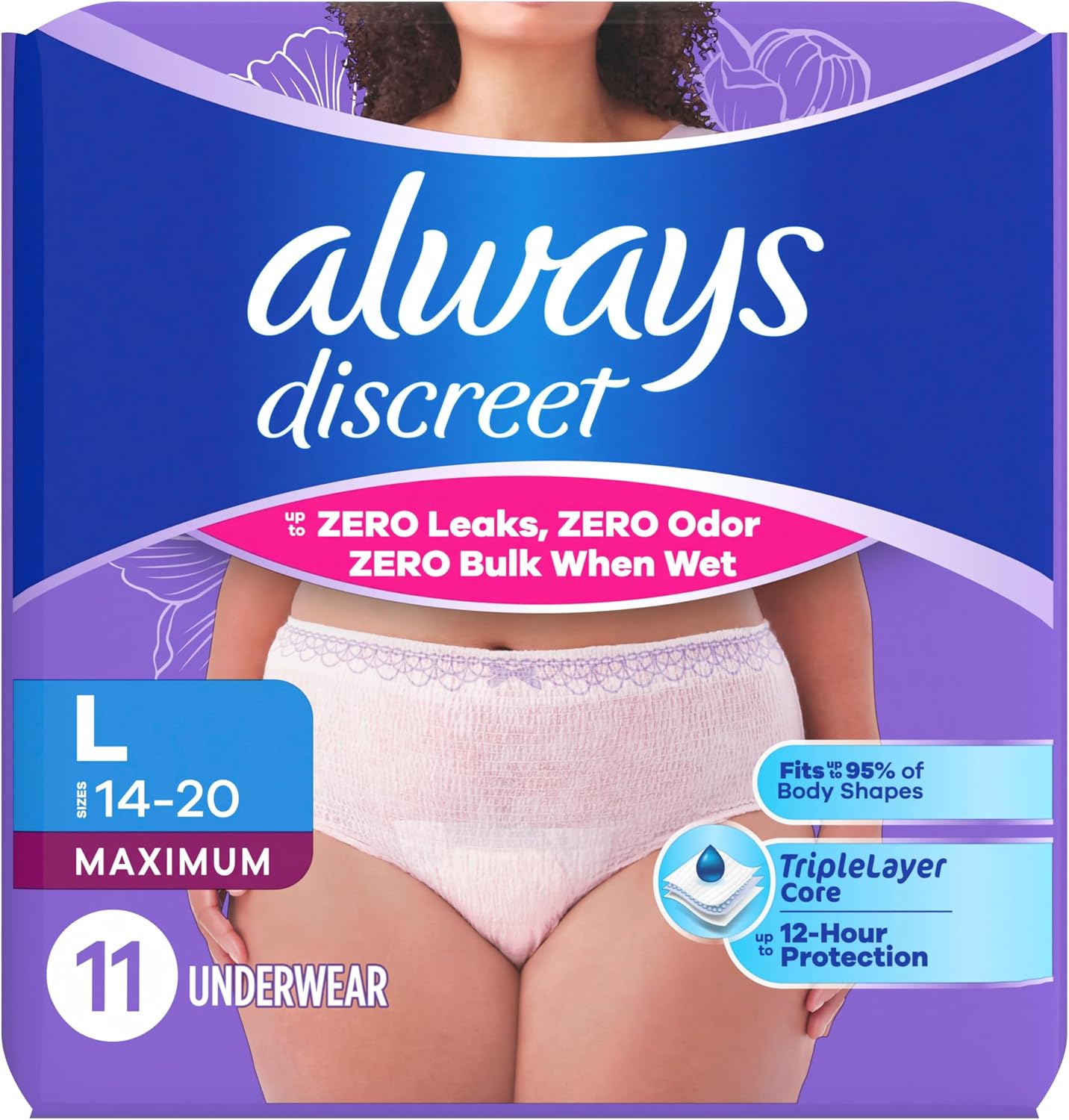 Always Discreet Adult Diapers for Women, Incontinence Underwear, Postpartum Essentials, Disposable Briefs, Max Absorbency, Bladder Leak Protection, Small/Medium, 32ct