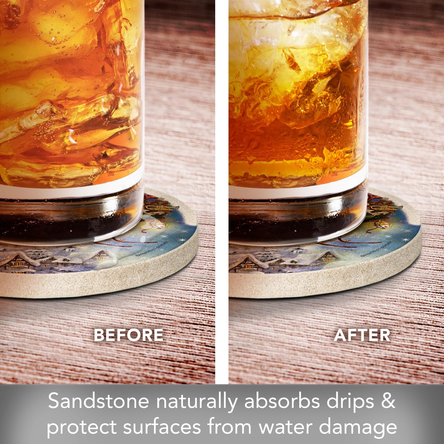 Thirstystone Santa’s Sleigh Natural Sandstone Coaster 4 Pack Eco-Friendly, Absorbent, Easily Wipes Clean | 4" Diameter, Manufactured in the USA