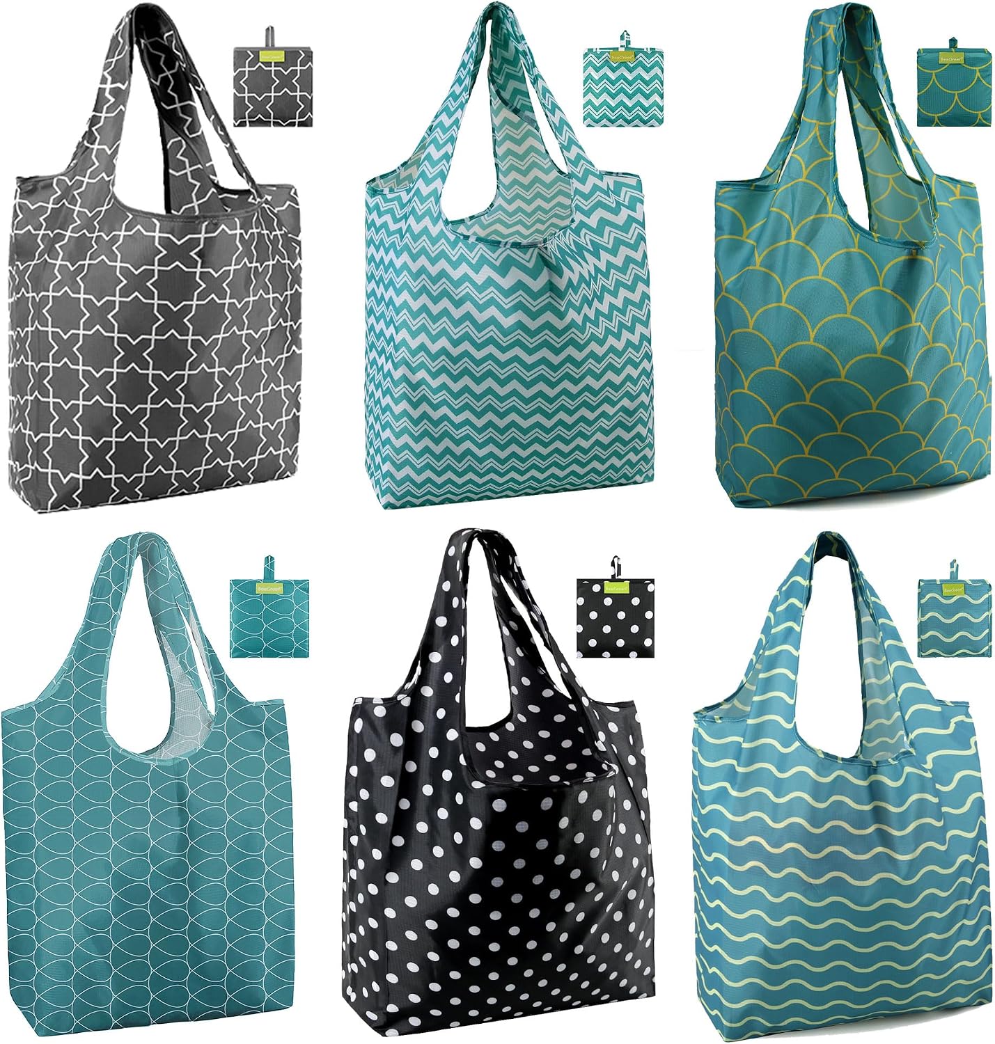 BeeGreen Grocery Bags | Reusable Gift Bags, Large Tote for Women & Foldable Beach Bag - 6 Pack Reusable Bag With Handles | Collapsible Cute Cloth Storage for Market, Holiday & Shopping | Washable​