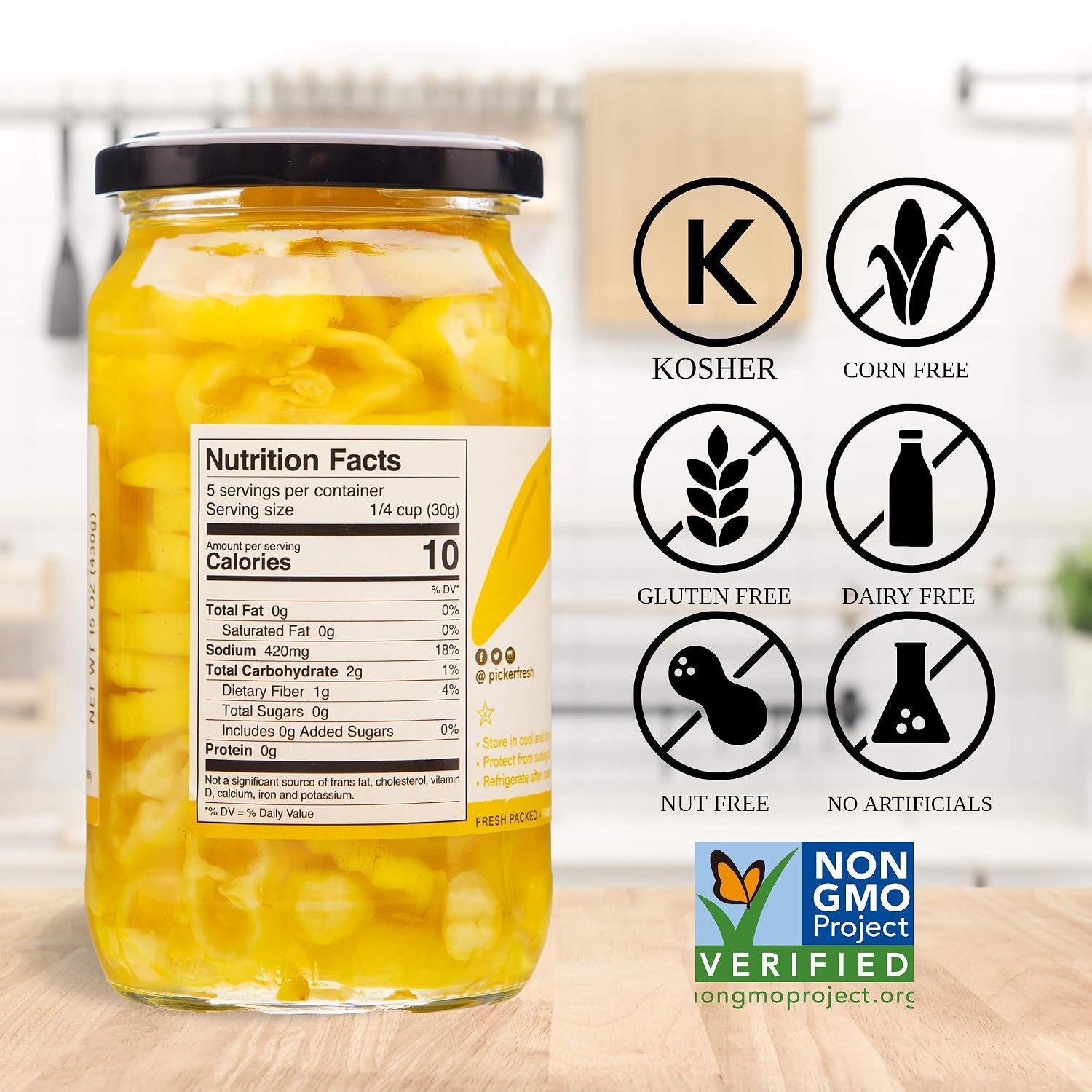 Pickerfresh Banana Peppers - Deli-sliced Pepper Rings - Medium Hot Deli Style Chili Pepper - Simple Ingredients - Non-GMO, Gluten Free