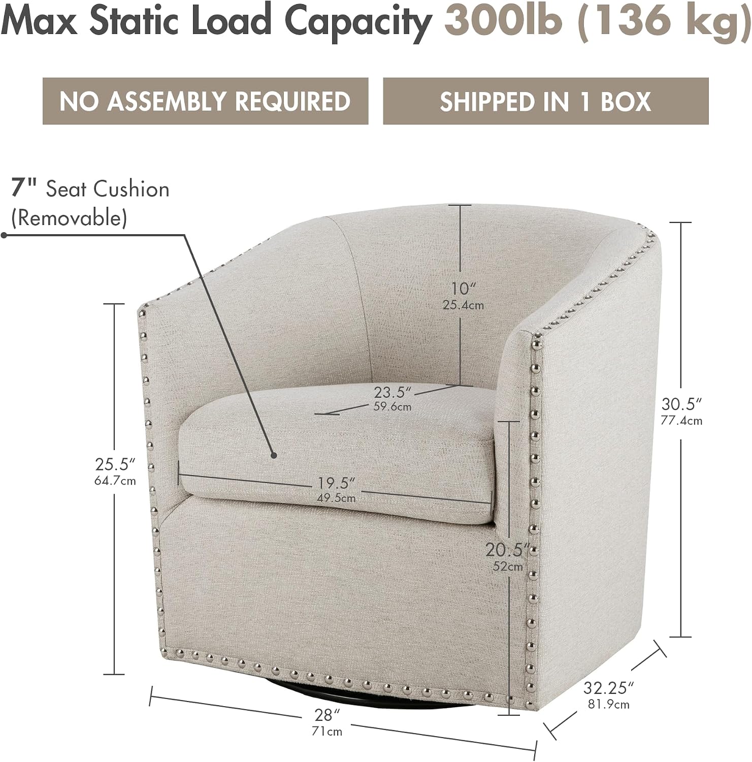 Madison Park Swivel Barrel Accent Chair, Upholstered Curved Back with 7-Inch Thick Woven Cushion, 360° Swivel, Nailhead Trim, Comfy Chair for Living Room, Bedroom, Office, 28" Wide, Neutral, Tyler