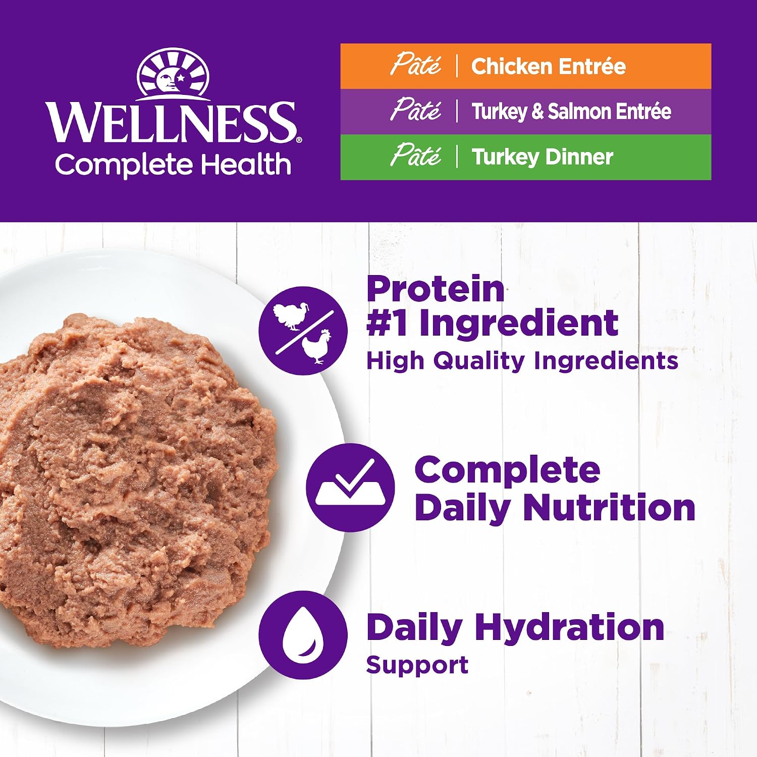 Wellness Complete Health Pate Variety Pack Adult Canned Wet Cat Food, Natural, Protein Rich, Grain Free, Chicken and Turkey Favorites, 3 oz