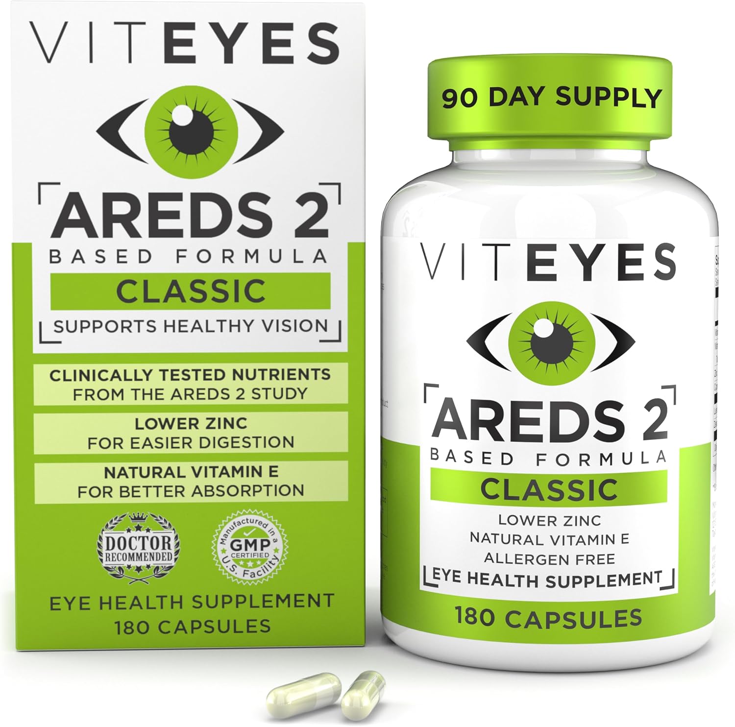 Viteyes AREDS 2 Eye Vitamins, Classic Macular Support, Allergen Free Capsules, with Natural Vitamin E, Vitamin C, Zinc, Copper, Lutein & Zeaxanthin, Eye Doctor Trusted, Manufactured in The USA, 180 Ct
