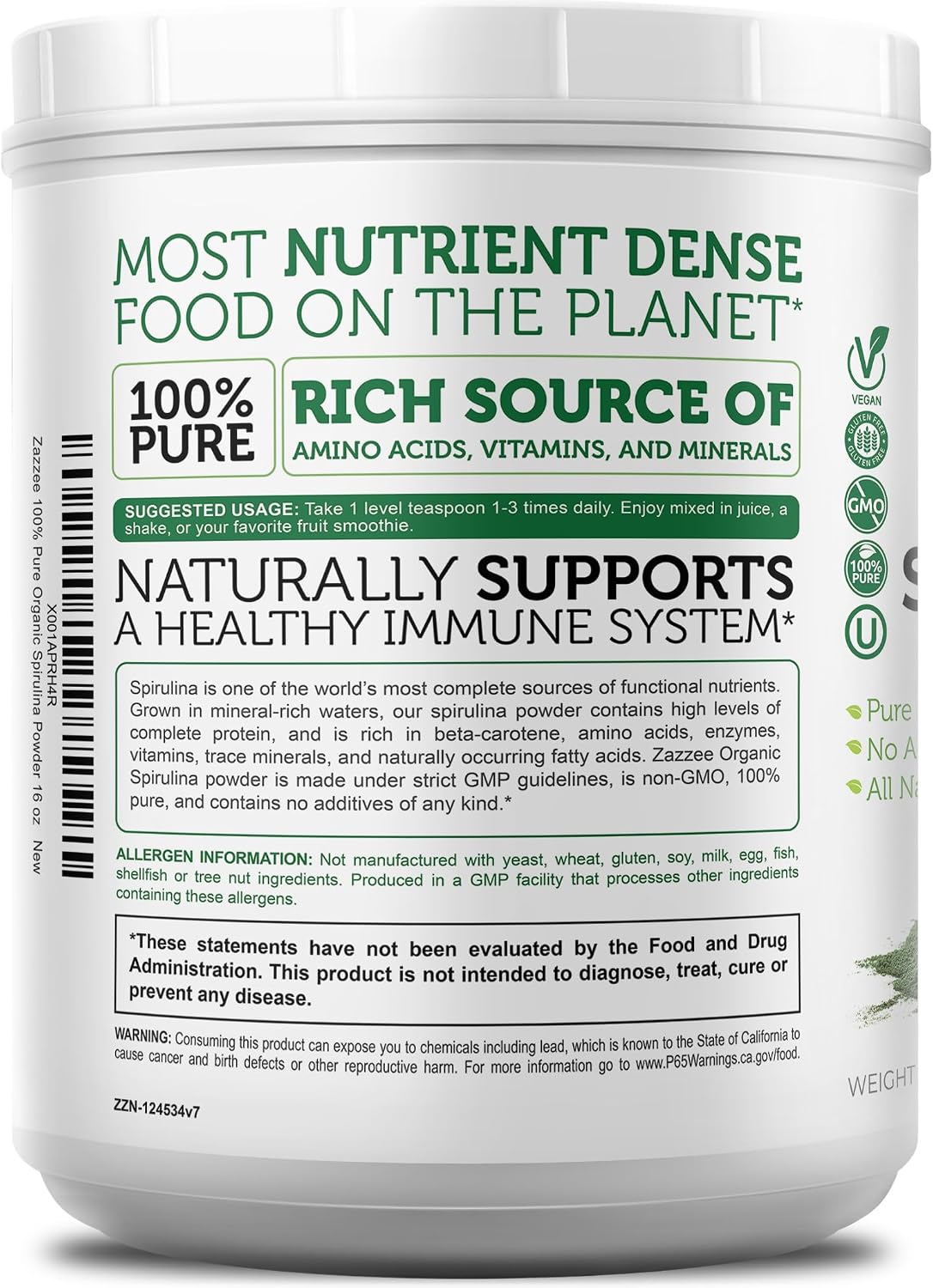 Zazzee USDA Organic Spirulina Powder, 2.2 Pounds (1 KG), 303 Servings | Certified Kosher, 100% Pure, Non-Irradiated, Mess-Free Wide Mouth Container, Fresh Smell, Neutral Taste, Non-GMO, Made in USA