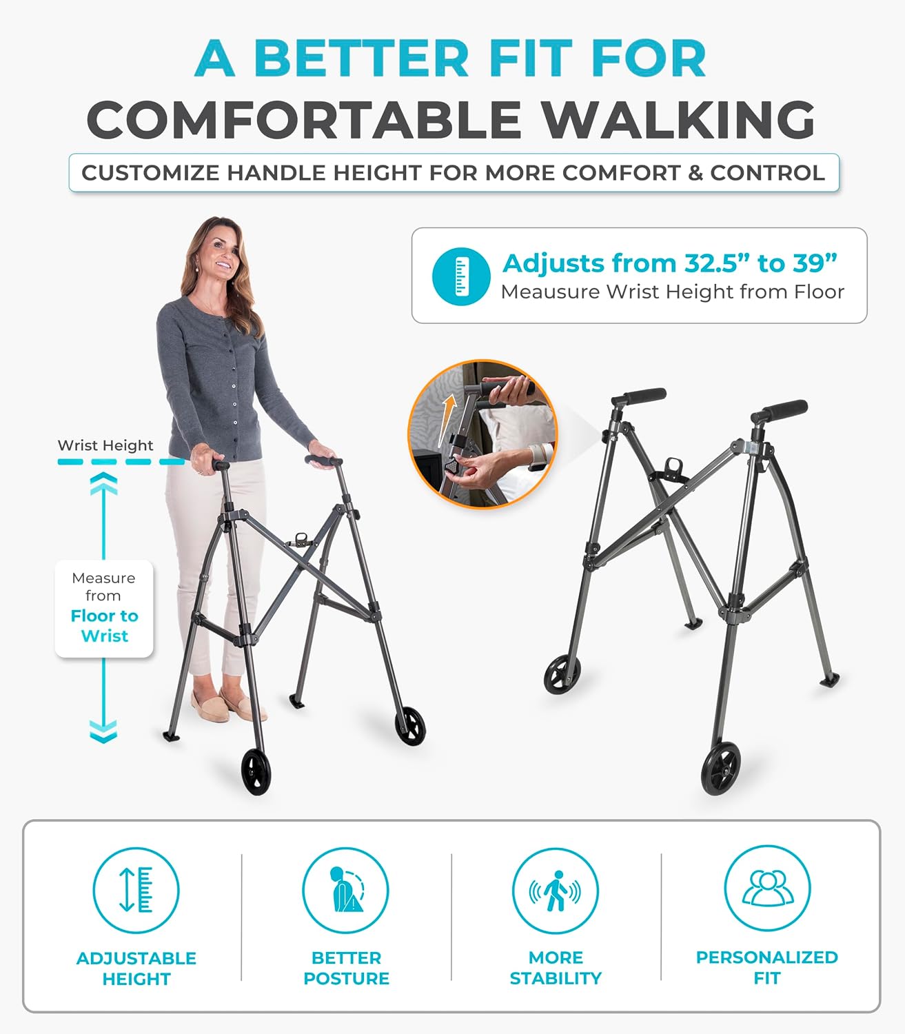 Stander Wonder Walker with 5-inch Wheels, Lightweight Folding Walker for Adults, Seniors, and Elderly, Collapsible Travel Walker