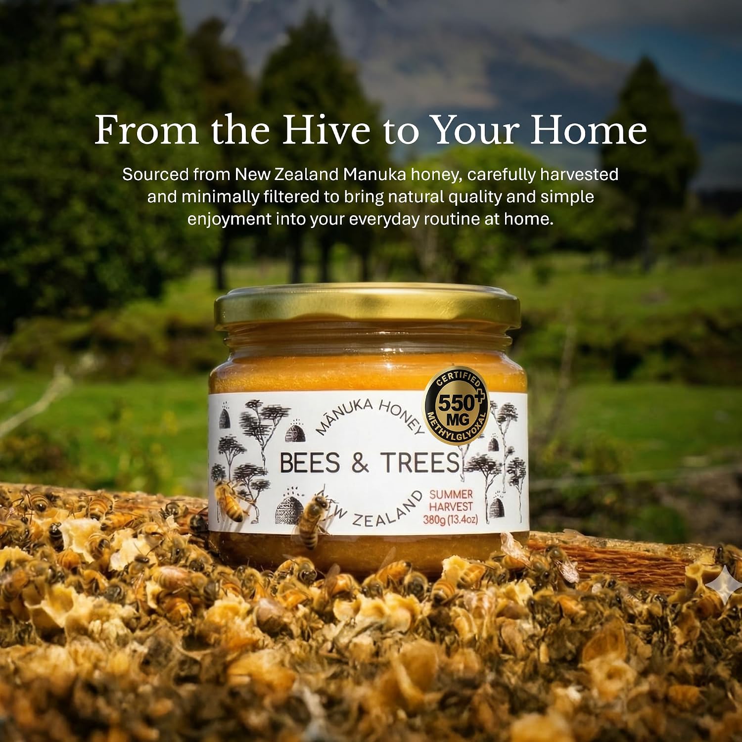 Bees & Trees Manuka Honey 550+ MGO - Raw Pure New Zealand Monofloral, 380g | Natural, Unpasteurized, Minimally Processed Mānuka Honey for Your Daily Routine, Tea, Coffee & Smoothies