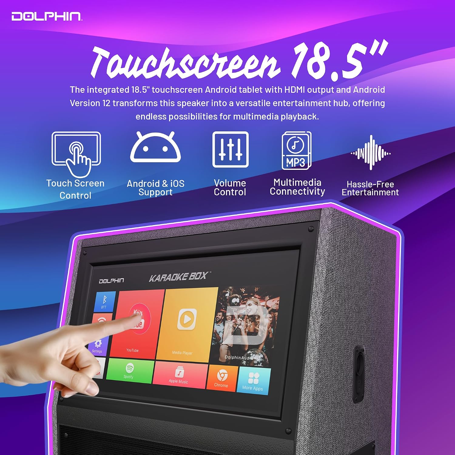 Dolphin Karaoke Machine with 2 Wireless Microphones, 18" Woofer | 18.5" Touchscreen, Android 12, Bluetooth, HDMI, USB, TF, AUX & FM Inputs