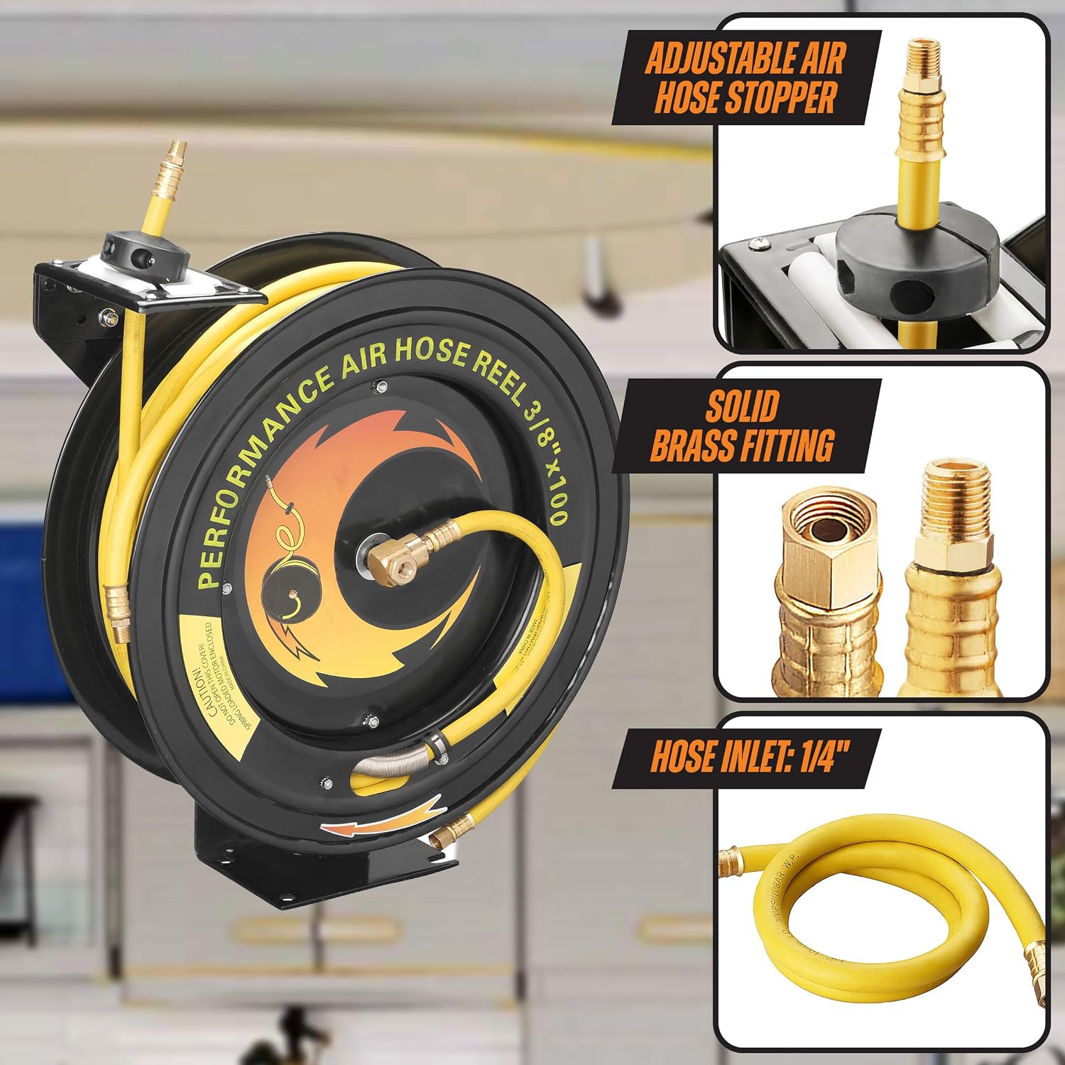 100-FT Retractable Air Hose Reel – 300 PSI Heavy-Duty Air Compressor Hose and Reel, Air Hose Auto-Rewind Design, Wall