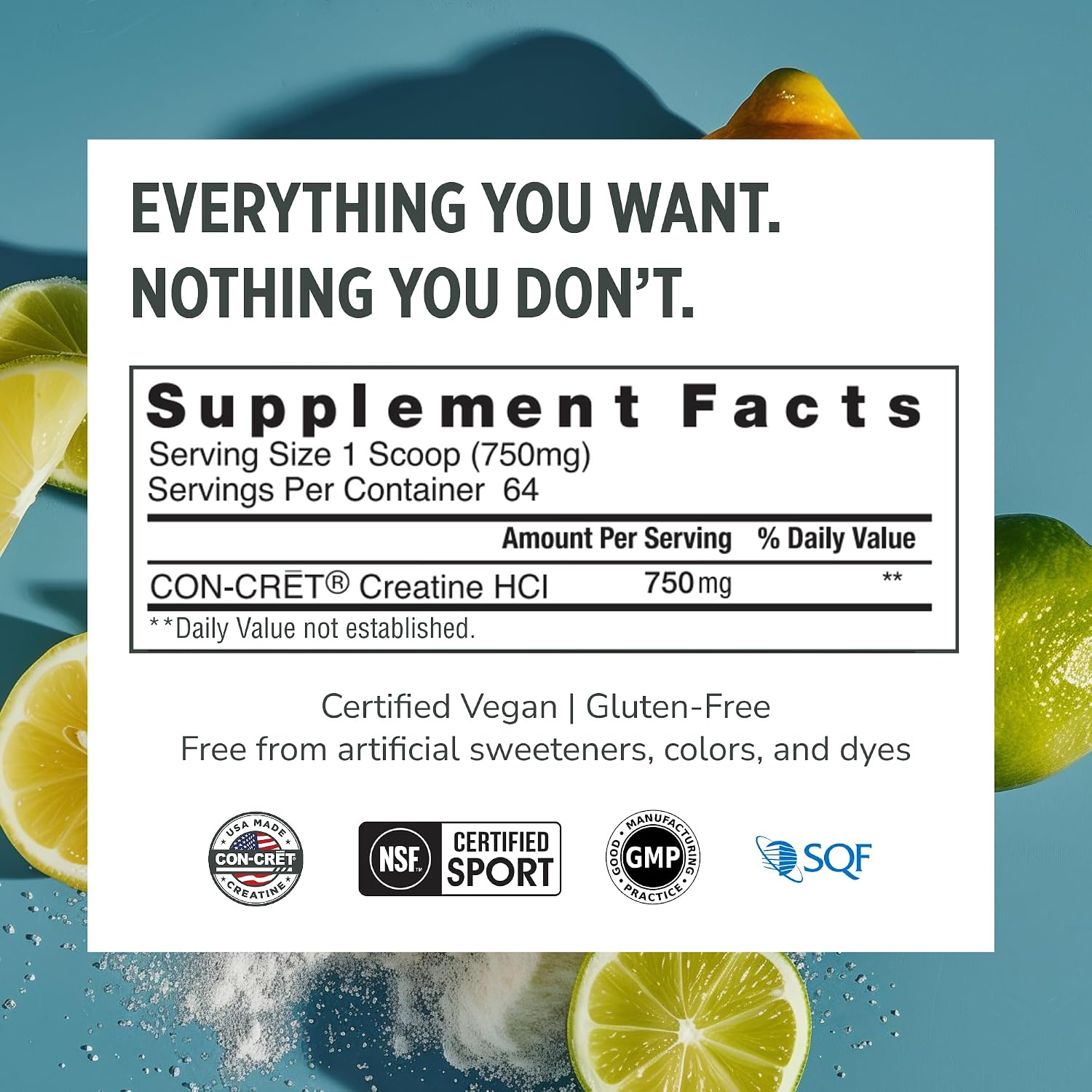 CON-CRET Creatine HCl Powder for Women and Men, Unflavored, 64 Servings | No Bloating or Water Retention, Muscle, Strength & Cognitive Support, USA Made, NSF Certified