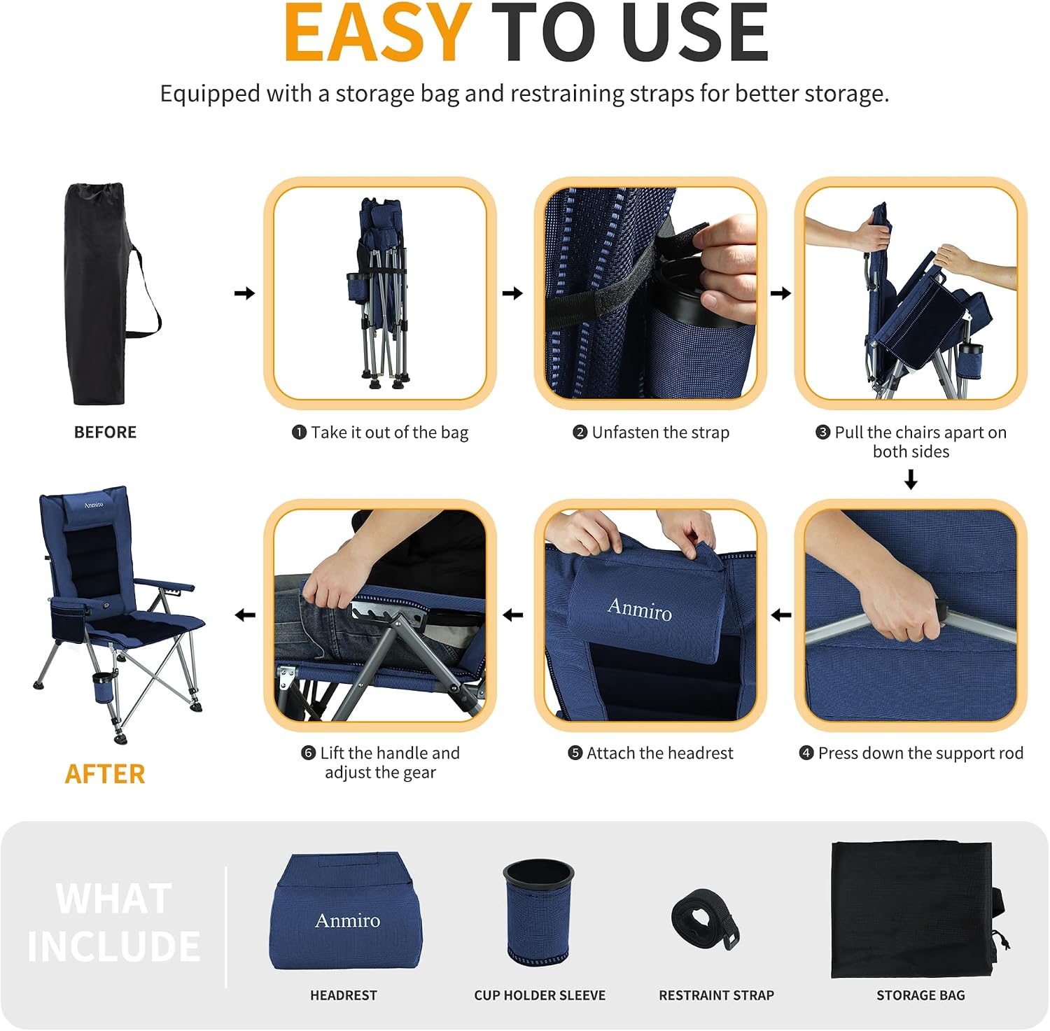 Adjustable Back Folding Camping Chair for Camp, Picnic, Lawn, Fishing | Adjustable Back; Weight Capacity 400 LBS;Hard Arm Portable Chair;Cup Holder;Storage Bag;carrying bag