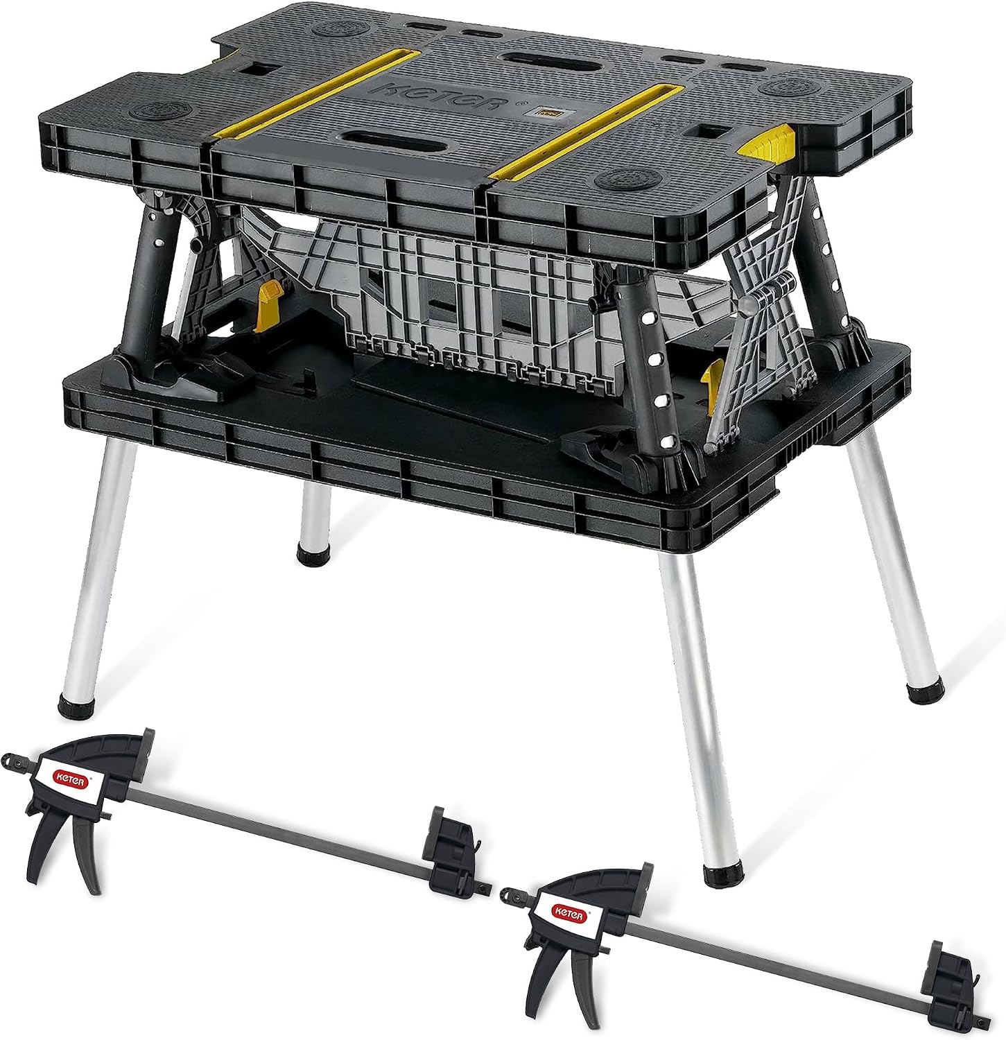 Keter Heavy-Duty Folding Workbench with 1,000 Pound Capacity | Foldable Work Table with 12 Inch Adjustable Clamps for Garage and Outdoor Workshop, Home Improvement, and Construction