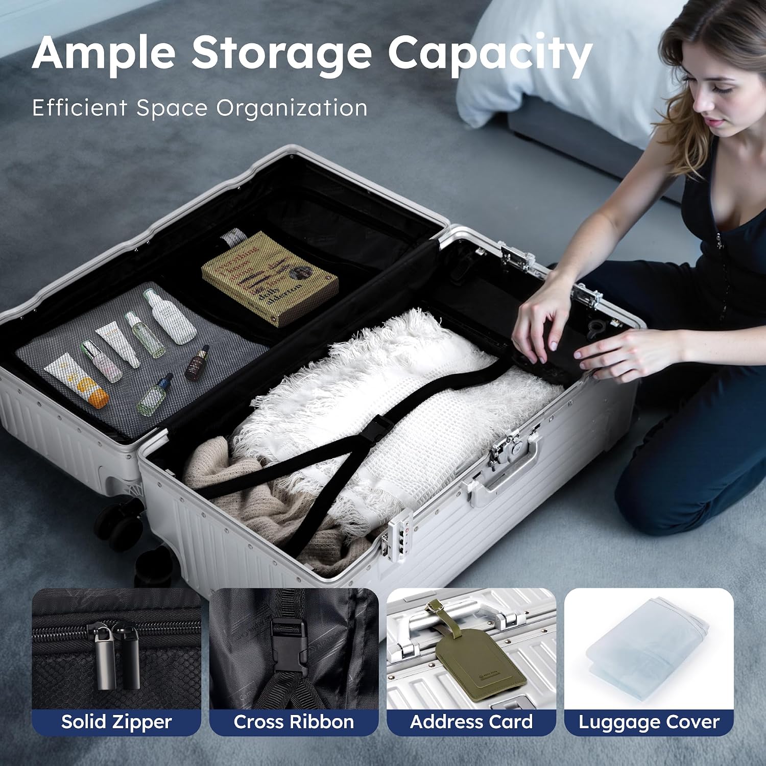 ALPHA CAMP Trunk Luggage 28 Inch with Aluminum Frame Zipperless Suitcase | Large Checked Thickened 3-Layer PC Hardside Luggage with TSA Lock,Charging Port,Cup Holder and Spinner Wheels for Travel