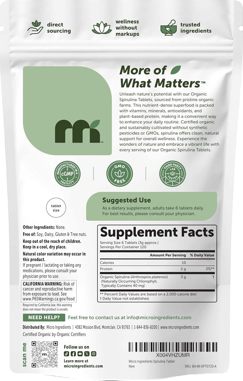 Micro Ingredients Organic Spirulina Supplement, 720 Tablets (4 Month Supply), No Filler & Non-GMO, Rich in Vegan Protein, Vitamins & Prebiotics